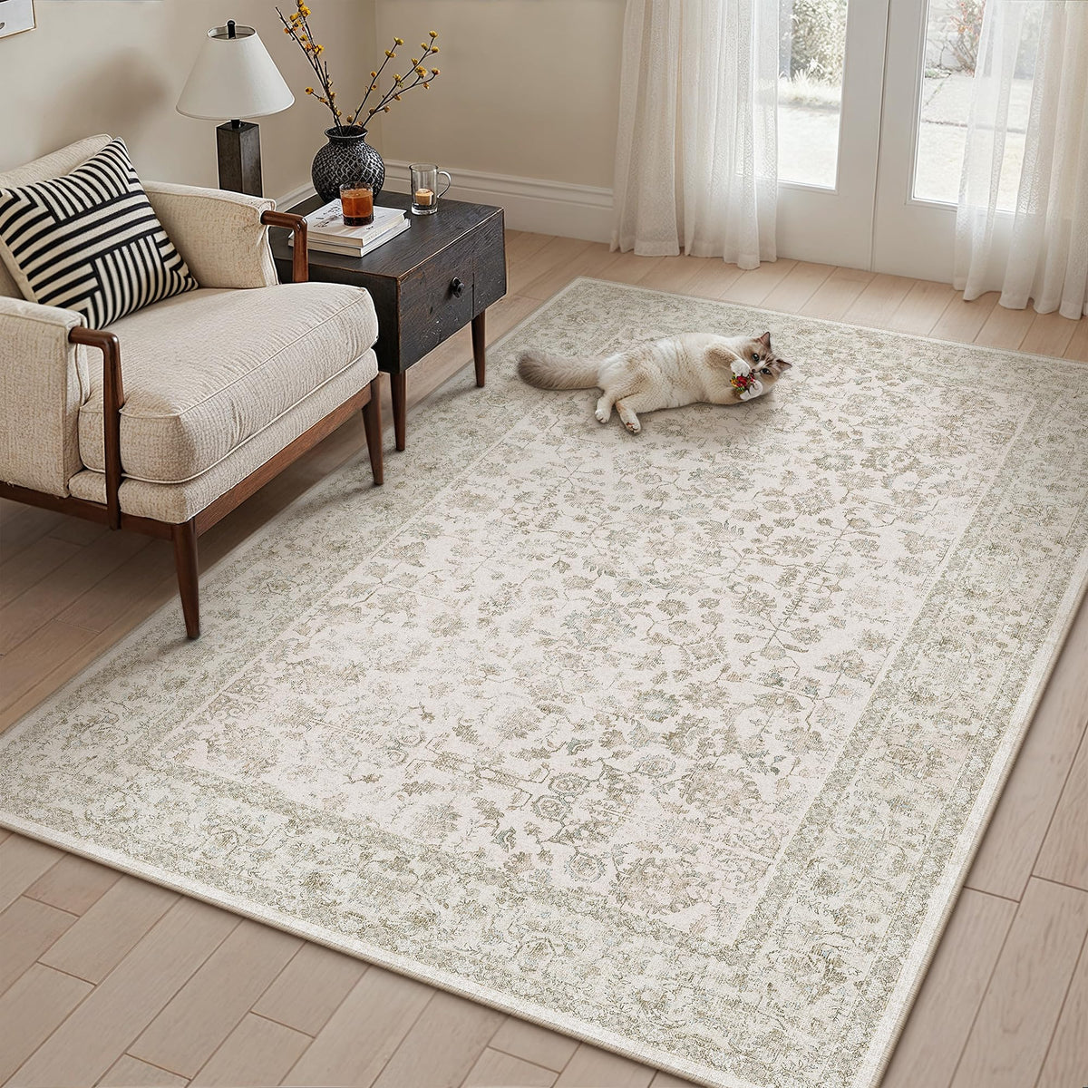 PureCozy 8x10 Blue Area Rug Washable Non Slip Large Vintage Living Room