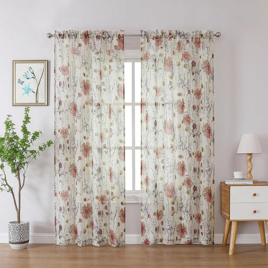 OWENIE Crushed Semi Sheer Curtains 72 Inches Length 2 Panels, Floral Pattern Design Rod Pocket Light Filtering Farmhouse Curtains for Bedroom Living Room, 2 Pieces Total 84 Inch Wide, 72 inch Long