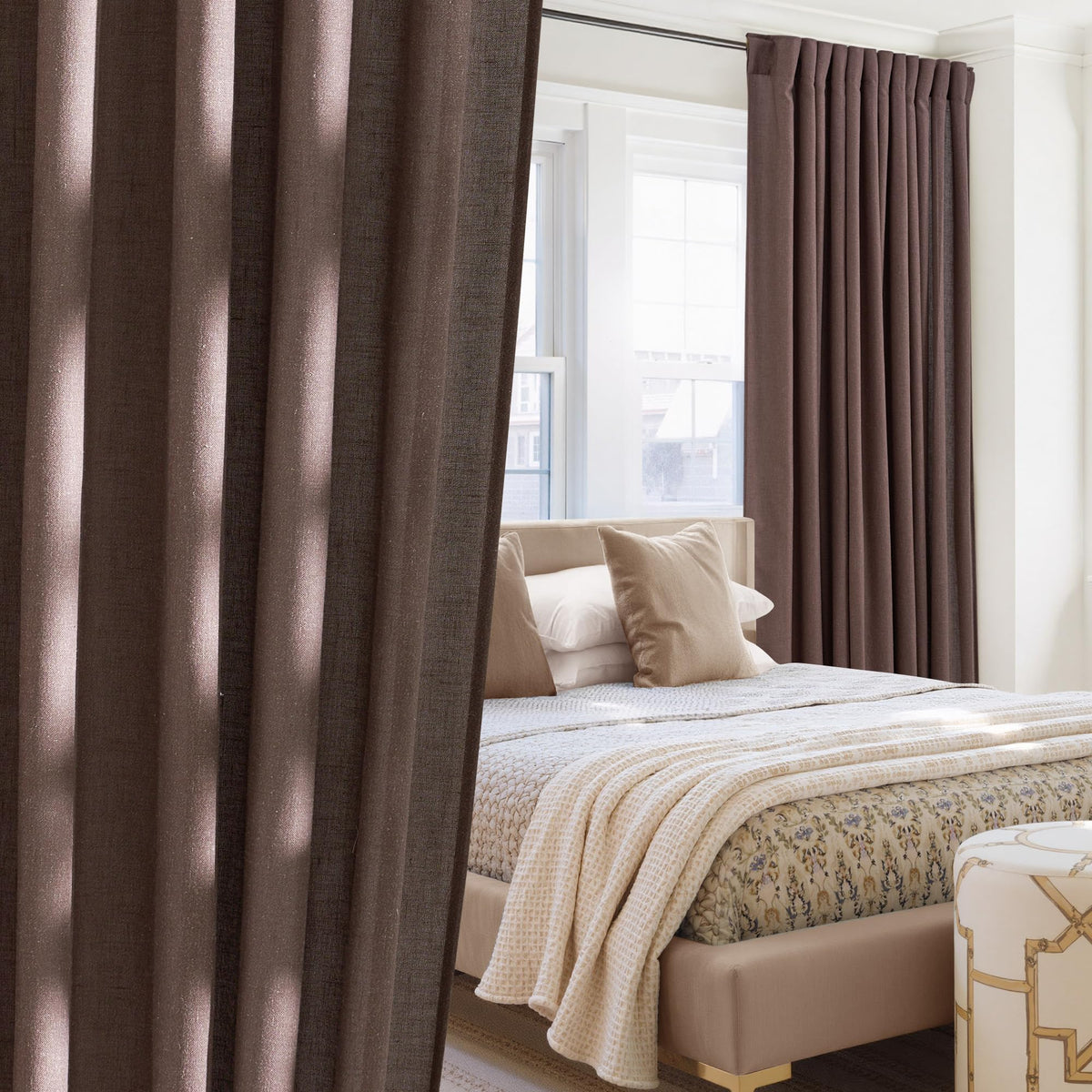 NICETOWN Natural Linen Curtains & Drapes for Windows 84 inch Long, Rod Pocket & Back Tab Thick Flax Semi Sheer Privacy Assured with Light Filtering for Bedroom/Living Room, W55 x L84, 2 Pieces