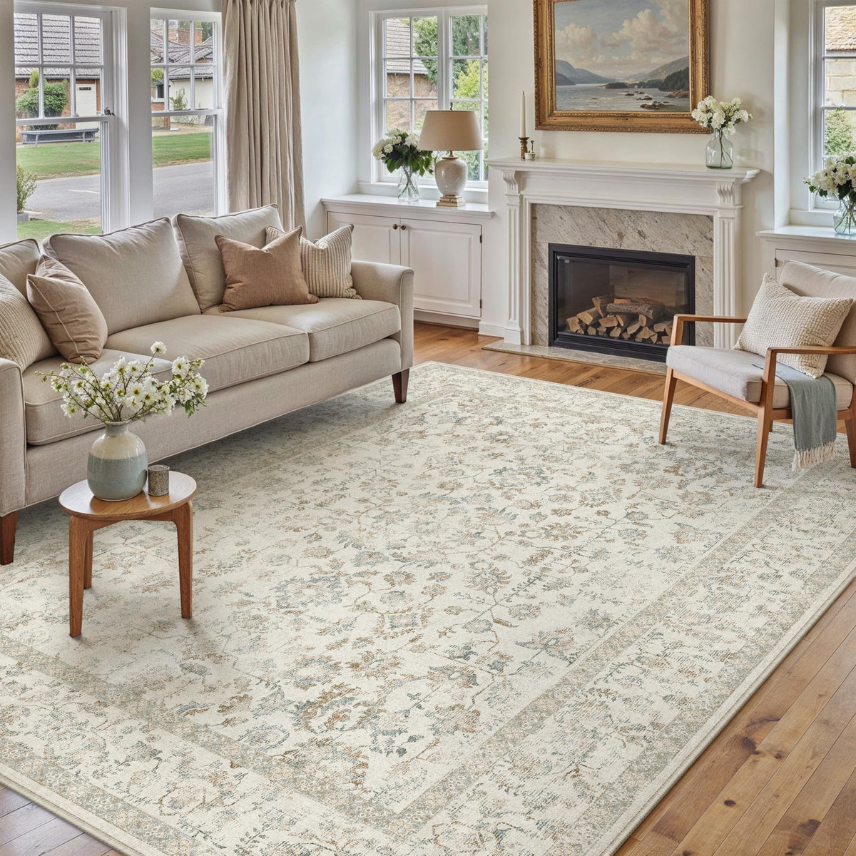 PureCozy 8x10 Blue Area Rug Washable Non Slip Large Vintage Living Room