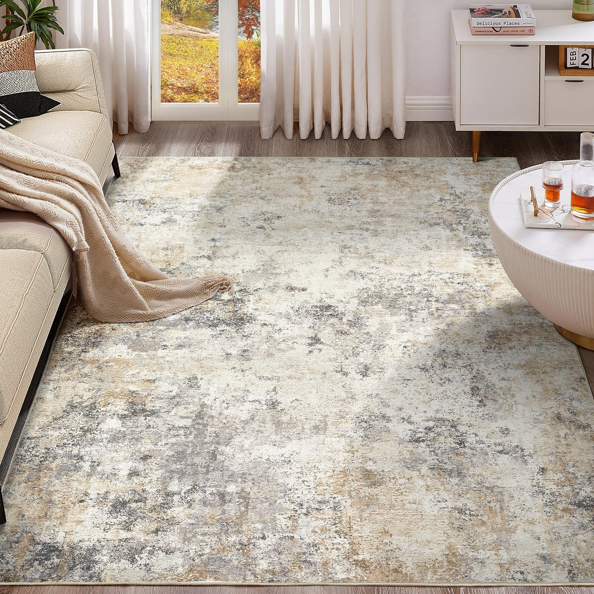 UERMEI 8x10 Area Rug Living Room Rugs - Washable Neutral Modern Abstract Soft Thin Large Rug Indoor Floor No Slip Rug Carpet for Bedroom Under Dining Table Home Office Decor - Brown Grey