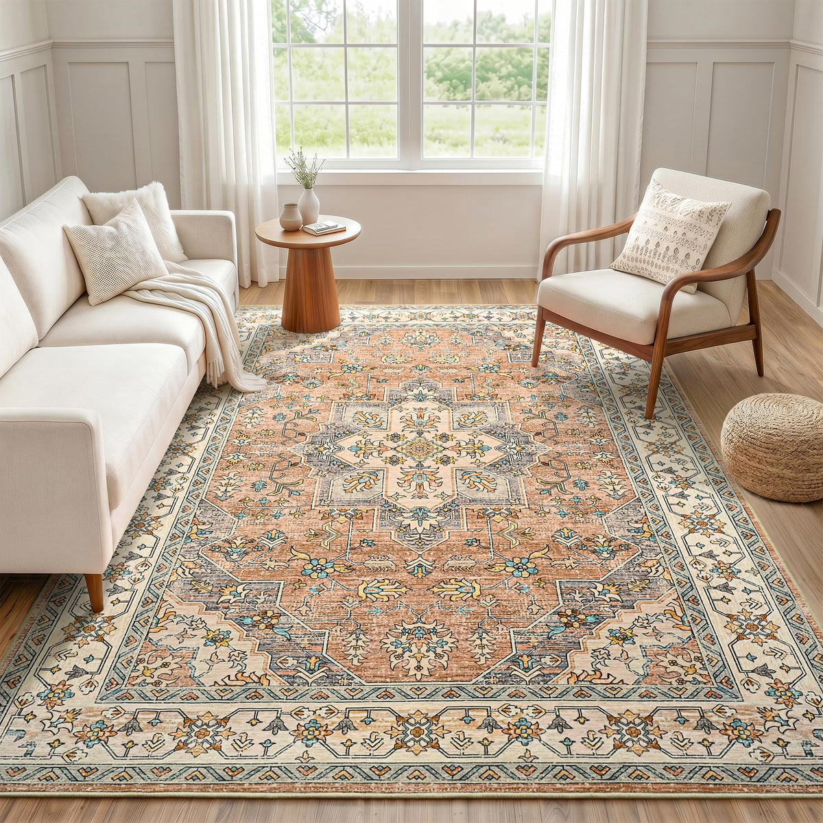 Hanples 5x7 Area Rugs for Living Room, Washable Rug Vintage Floral, Beige