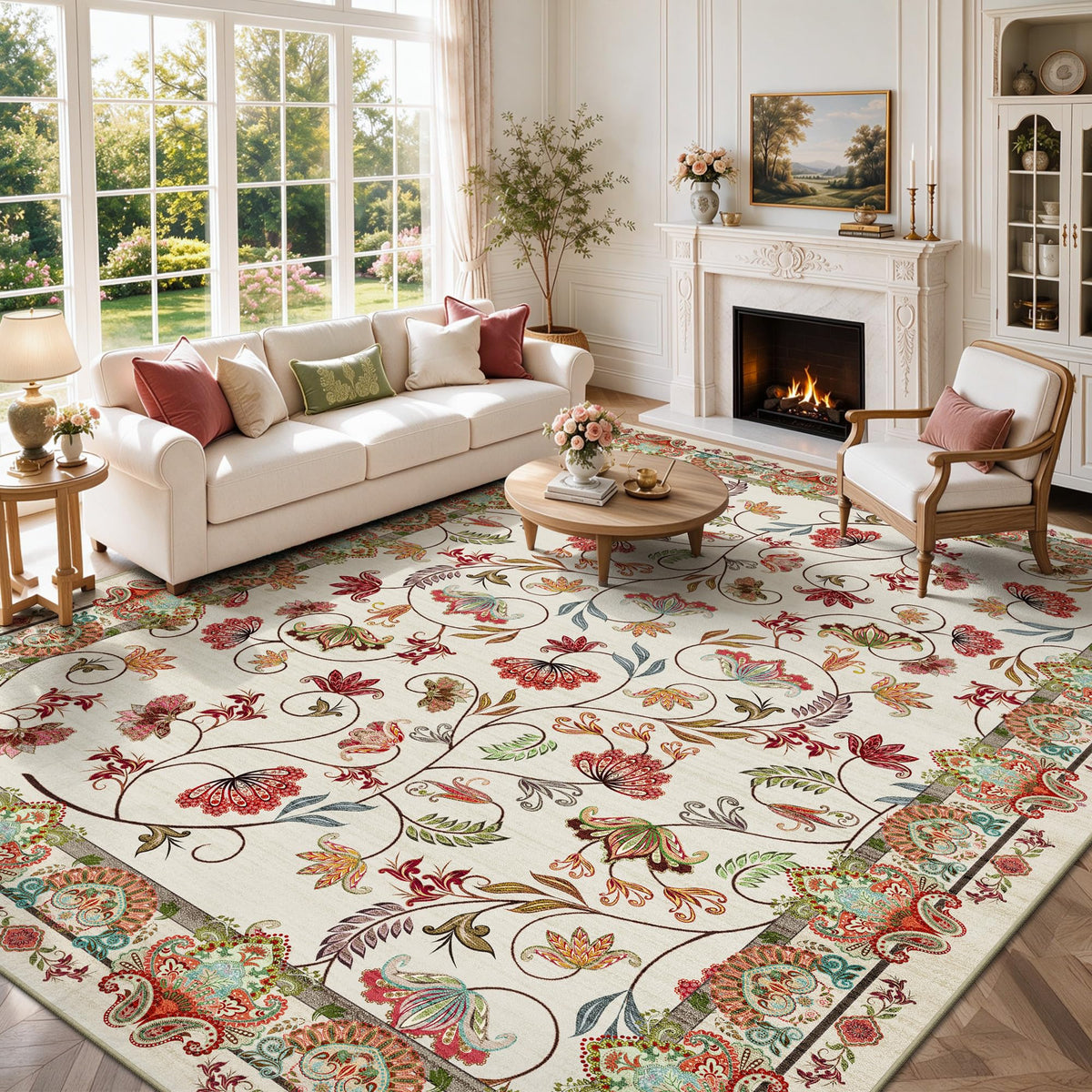 8x10 Area Rugs, Machine Washable Low Pile Floral Rugs for Living Room, Bedroom, Large Boho Area Rug with Non-Slip Backing for Dining Room(Pink Floral)