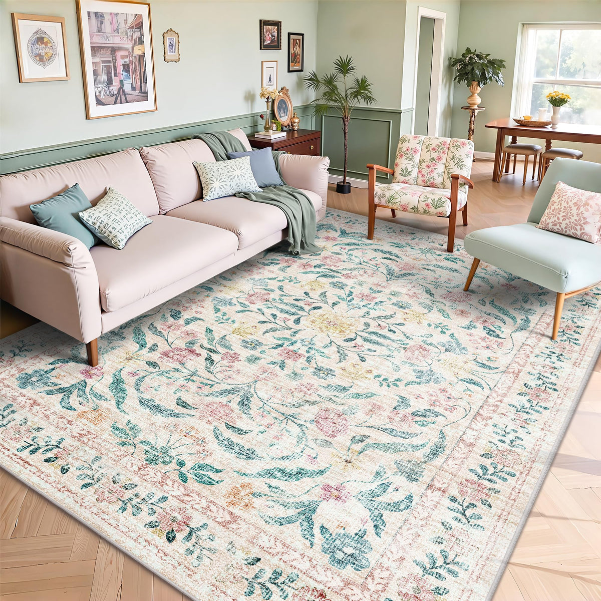 8x10 Area Rugs, Machine Washable Low Pile Floral Rugs for Living Room, Bedroom, Large Boho Area Rug with Non-Slip Backing for Dining Room(Pink Floral)