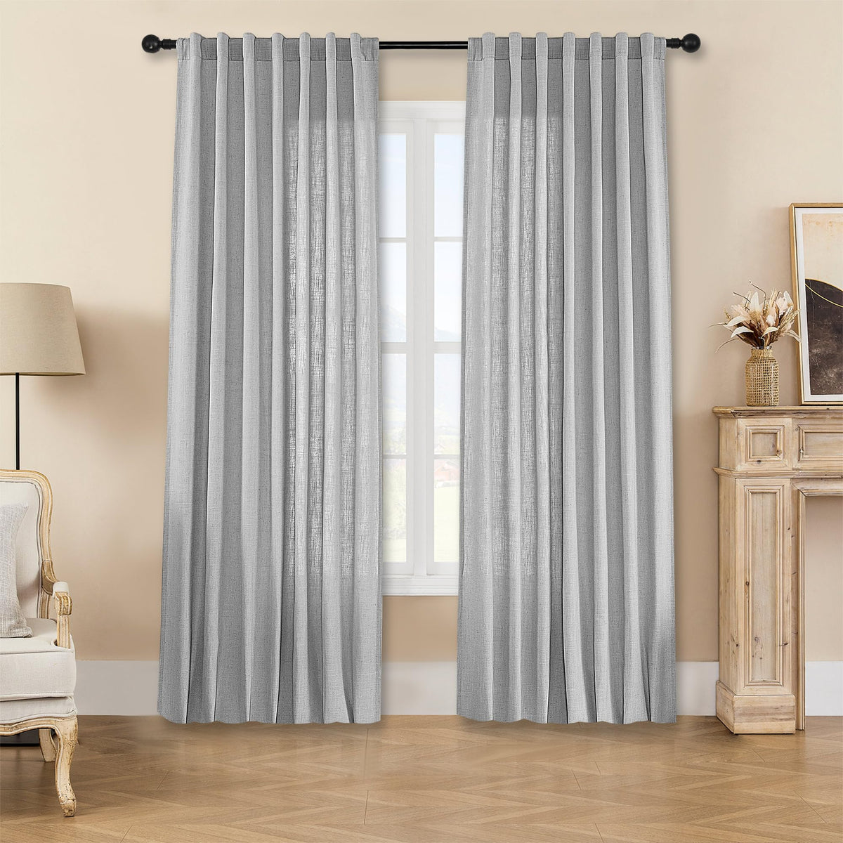 Joydeco Linen Curtains for Living Room,Light Filtering Rod Pocket Back Tab Semi Sheer Drapes Window Long Curtains 90 inches Long Ivory