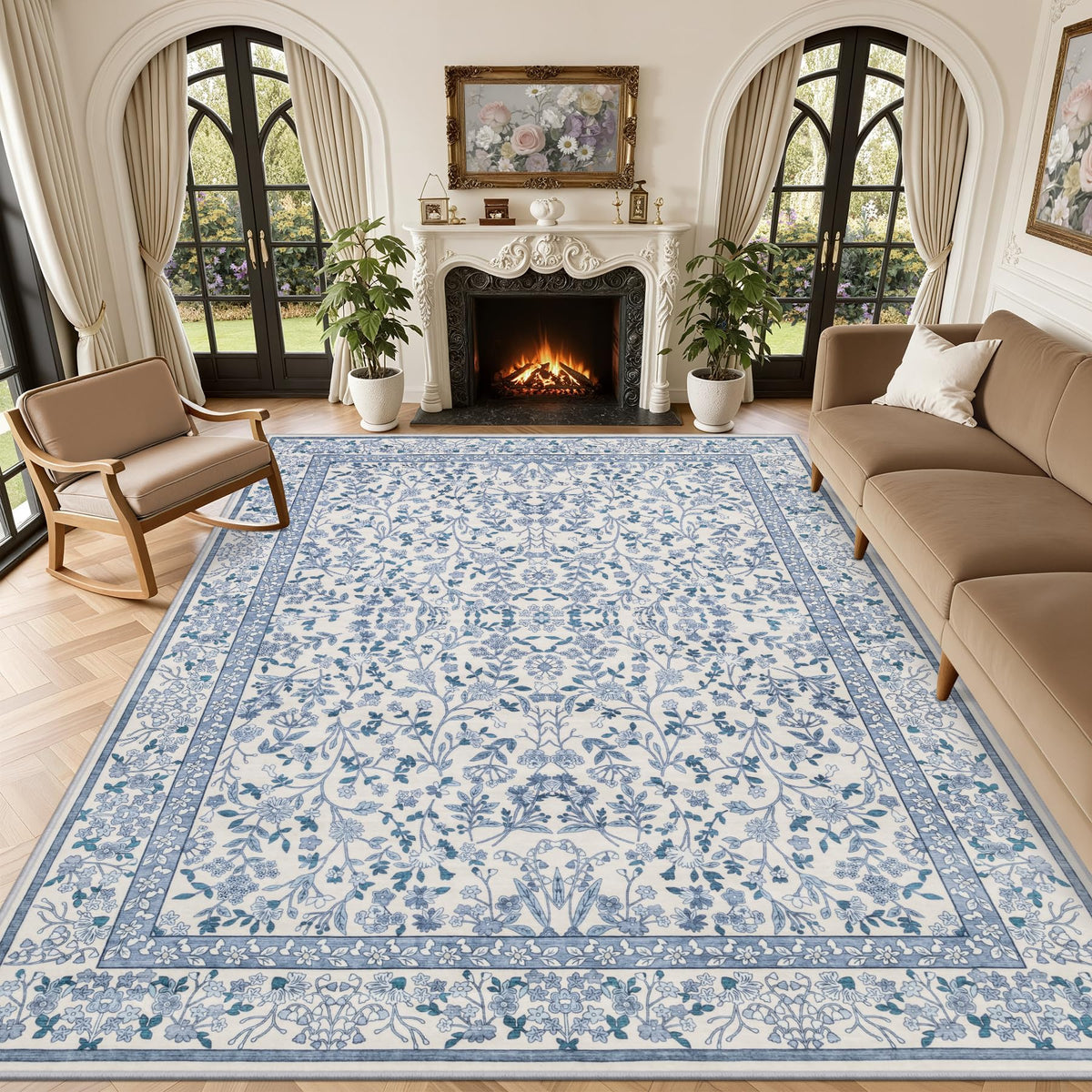 5x7 Area Rug Living Room: Soft Floral Washable Carpet Dark Green