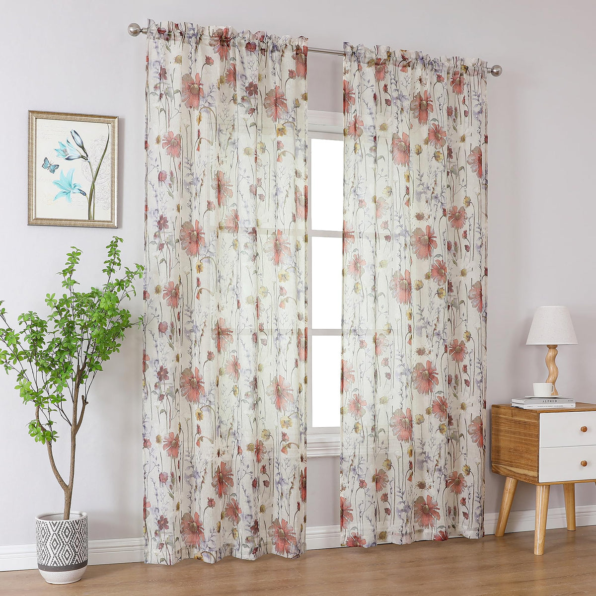 OWENIE Crushed Semi Sheer Curtains 72 Inches Length 2 Panels, Floral Pattern Design Rod Pocket Light Filtering Farmhouse Curtains for Bedroom Living Room, 2 Pieces Total 84 Inch Wide, 72 inch Long