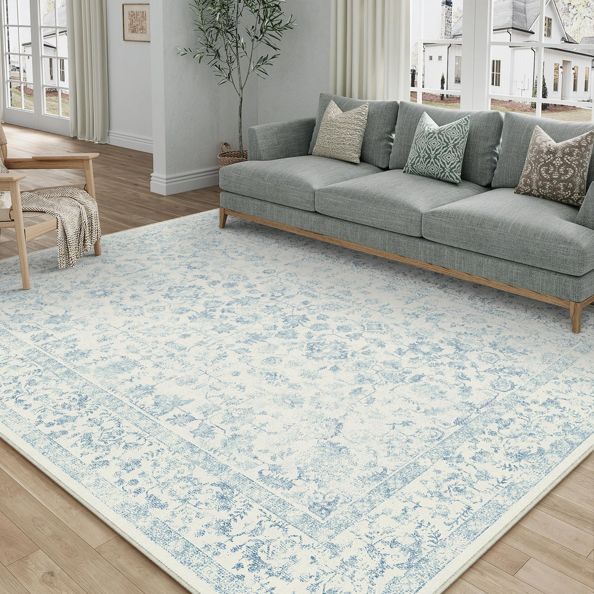 PureCozy 8x10 Blue Area Rug Washable Non Slip Large Vintage Living Room