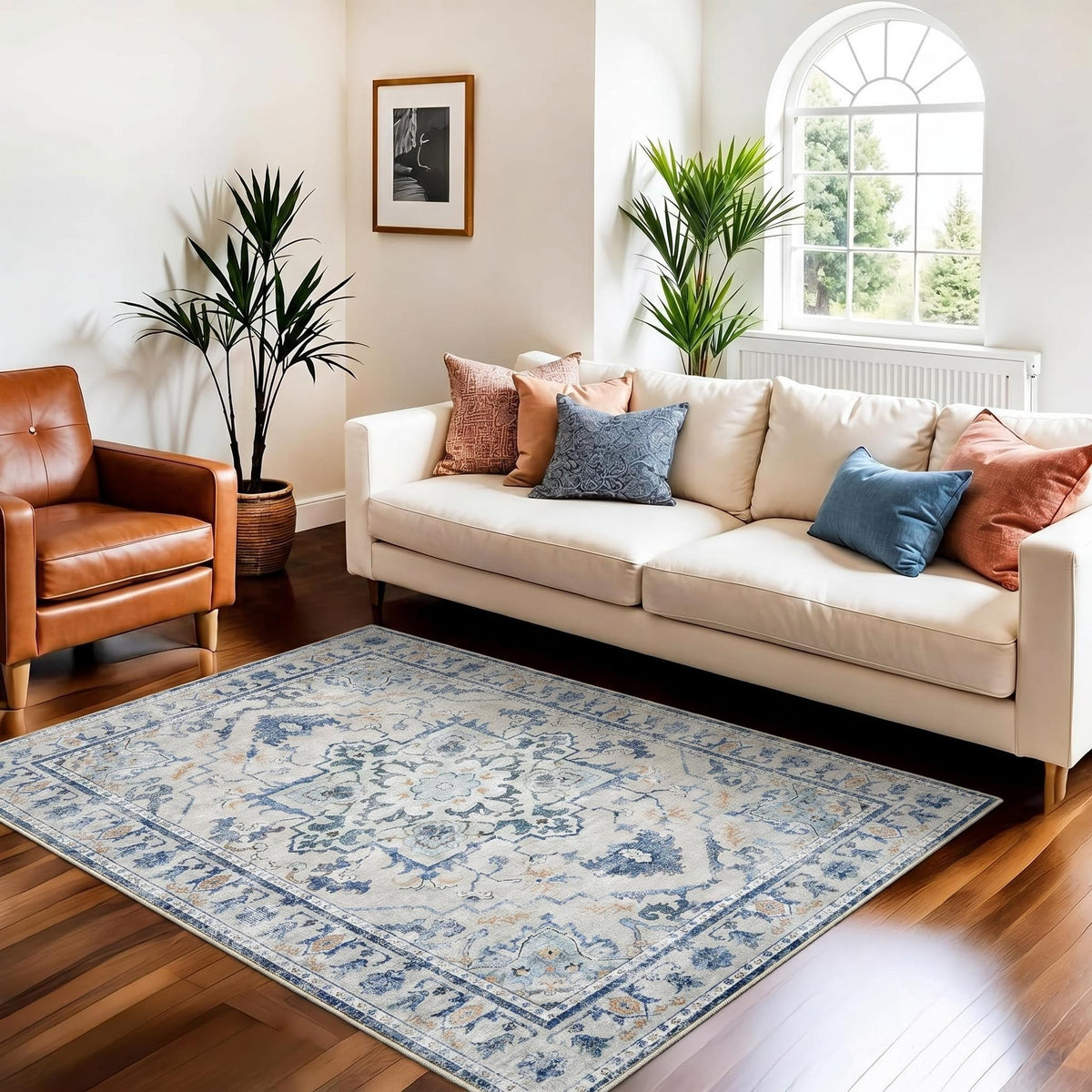 Joydeco Boho Washable Abstract Beige 5x7 Area Rugs for Living Room Bedroom