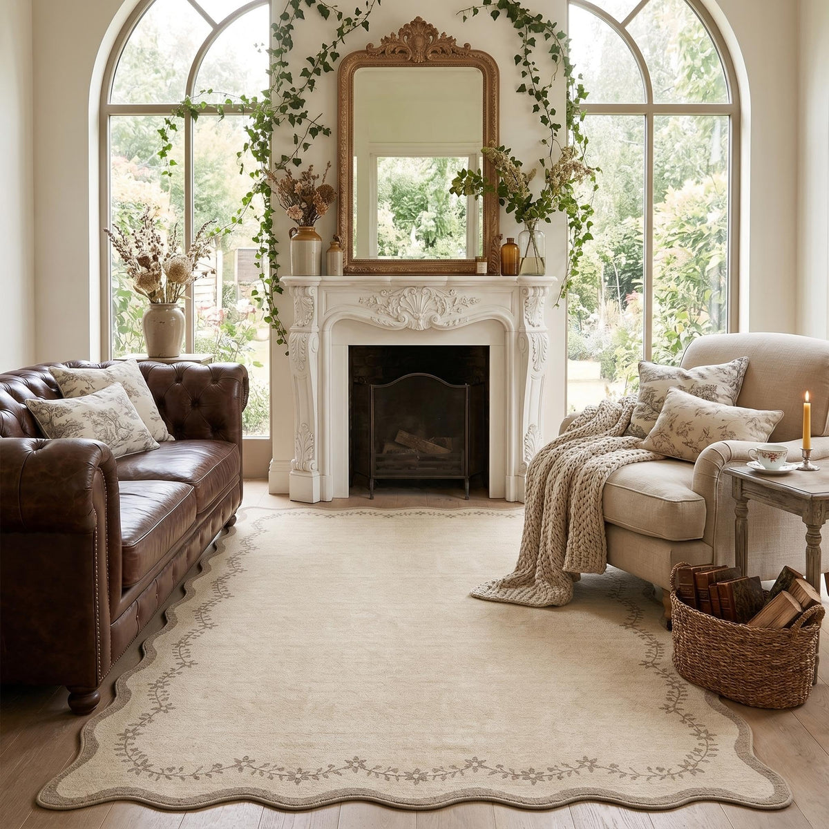 GarveeHome 5x7 Scalloped Area Rug Jute Washable Bedroom Living Room Rug