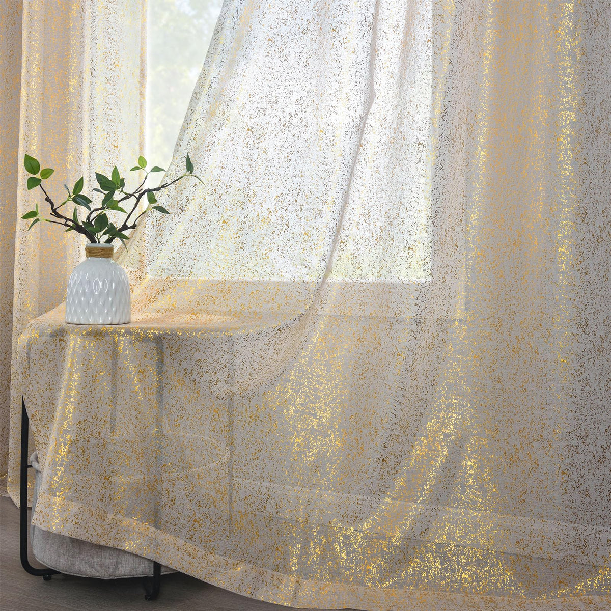 Silver Grey Sheer Curtains with Foil Dots, Grommet, 2 Panels 52 x 84 Inch