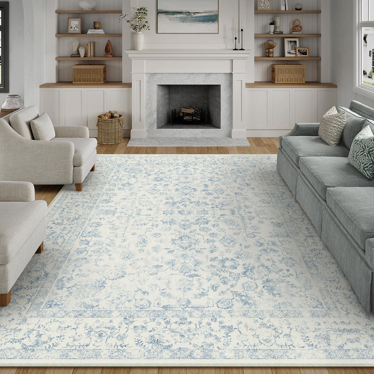 PureCozy 8x10 Blue Area Rug Washable Non Slip Large Vintage Living Room