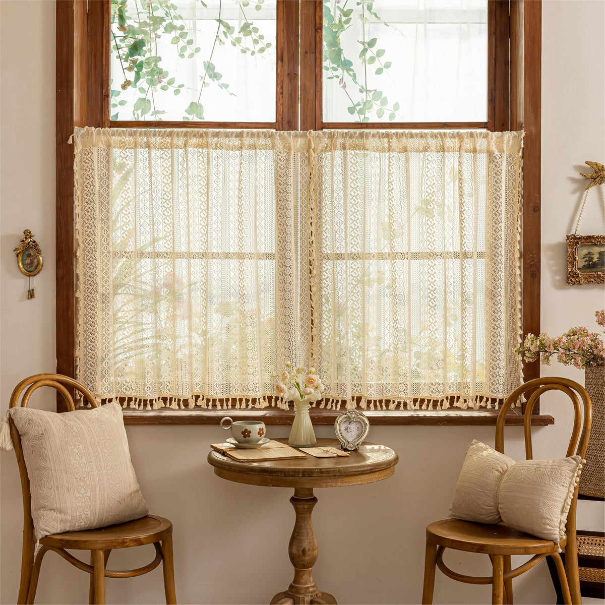 Sutuo Home Terracotta Boho Lace Curtains 2 Panels 84 Inches Long for Living Room&Bedroom, Burnt Orange Crochet Privacy Farmhouse Vintage Tassels Retro Halloween Window Sheer Curtains Rod Pocket,50" W
