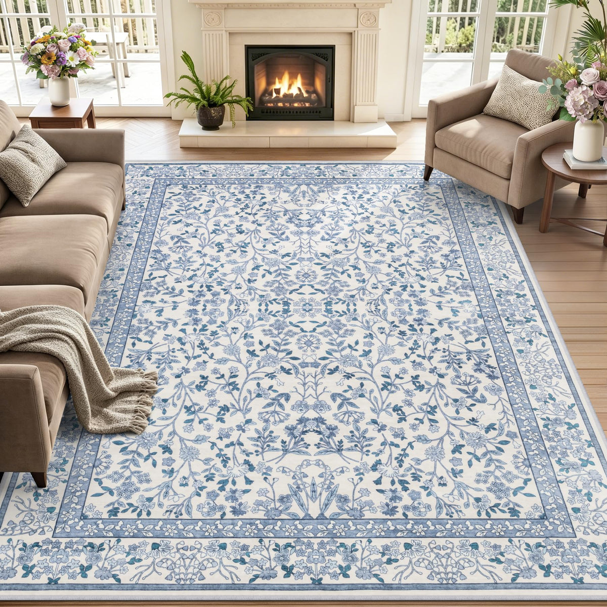 5x7 Area Rug Living Room: Soft Floral Washable Carpet Dark Green