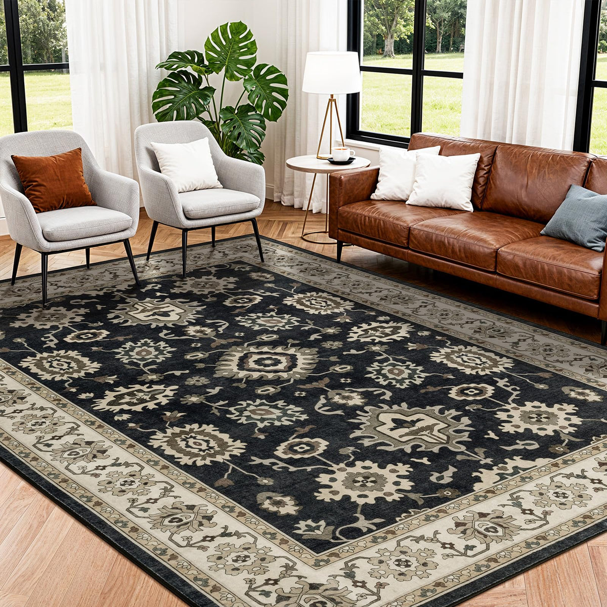 8x10 Washable Area Rug, Black Solid Area Rugs for Living Room & Bedroom