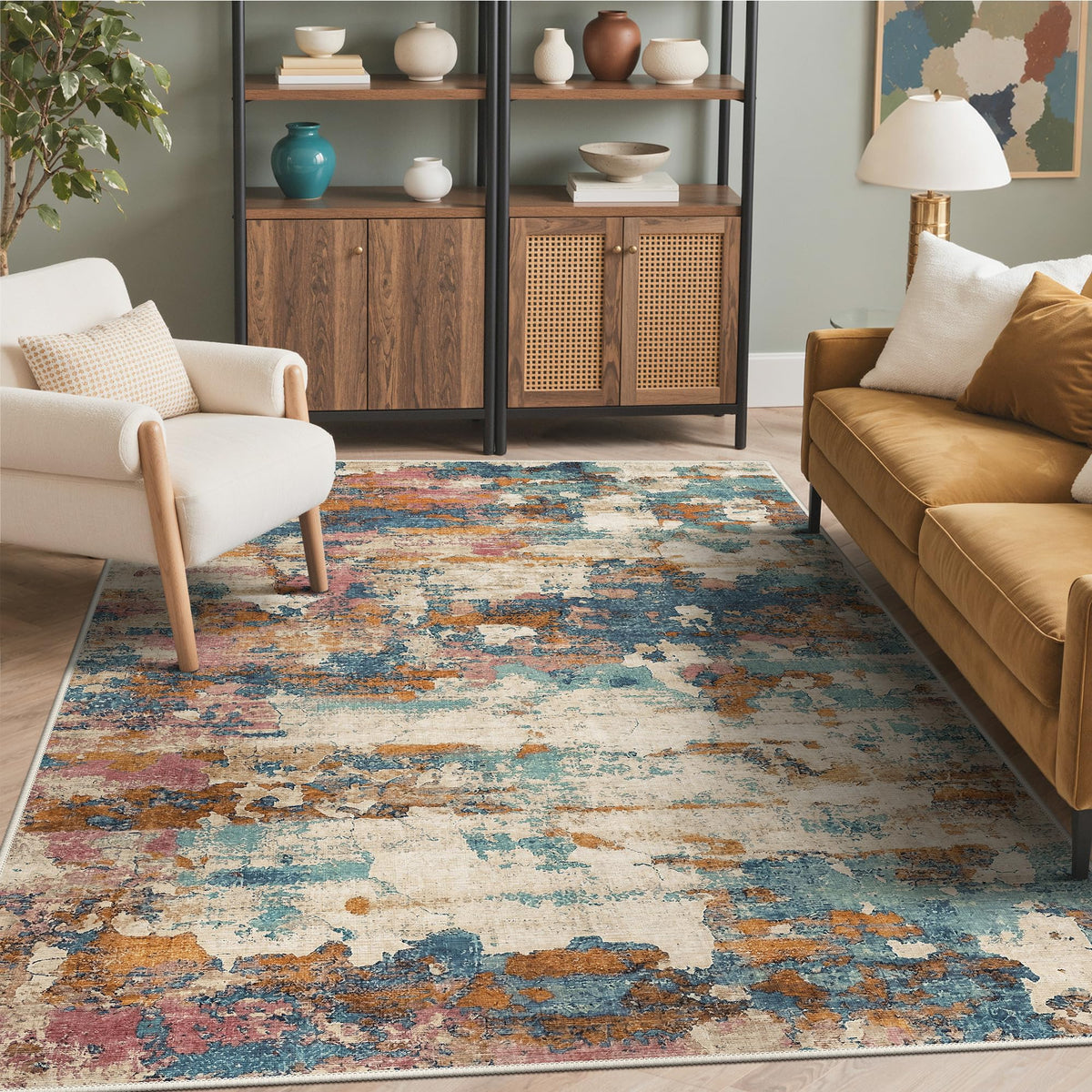 BEIMO 5x7 Green Abstract Area Rug, Washable Non-Slip for Bedroom