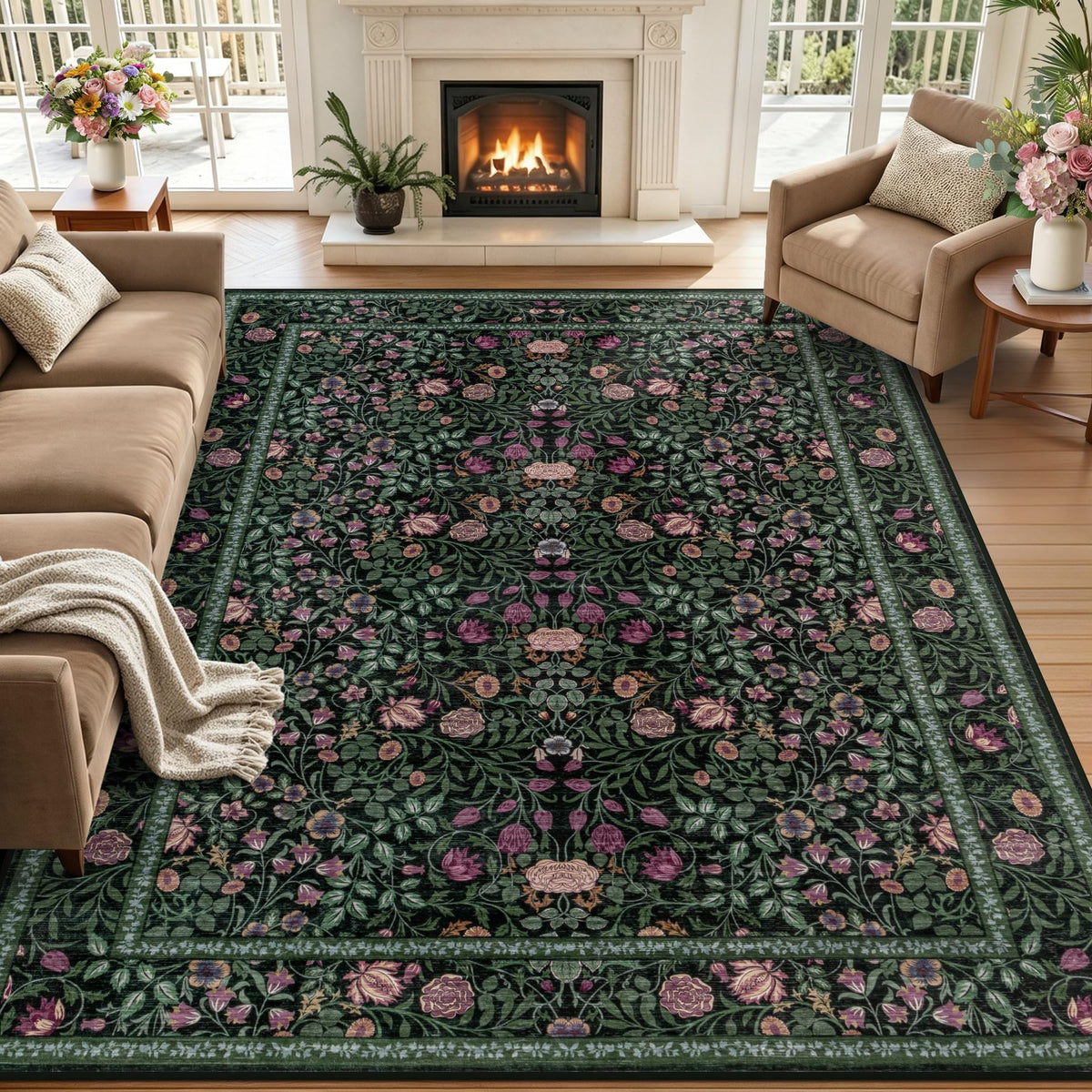 5x7 Area Rug Living Room: Soft Floral Washable Carpet Dark Green