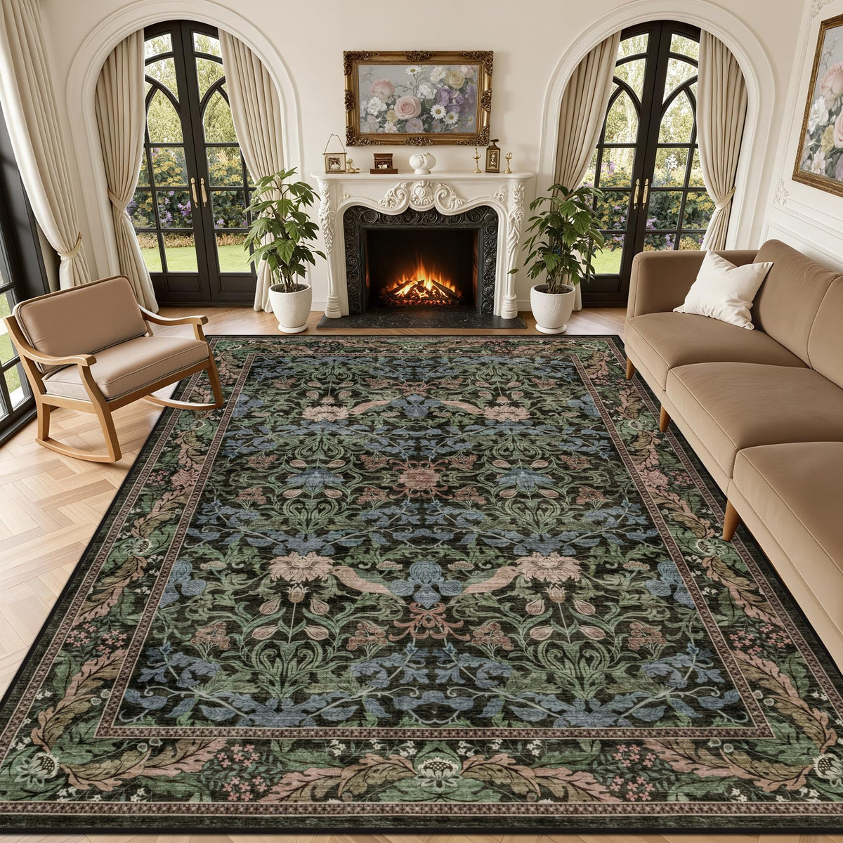 5x7 Area Rug Living Room: Soft Floral Washable Carpet Dark Green
