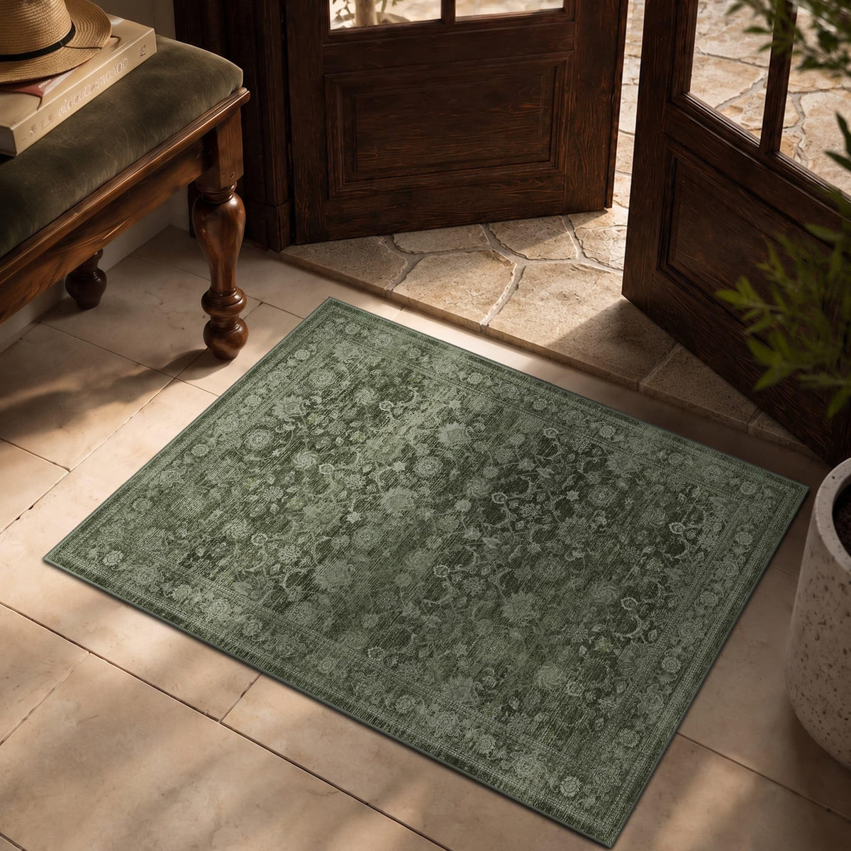 8x10 Washable Boho Area Rug, Dark Beige Farmhouse for Living Room