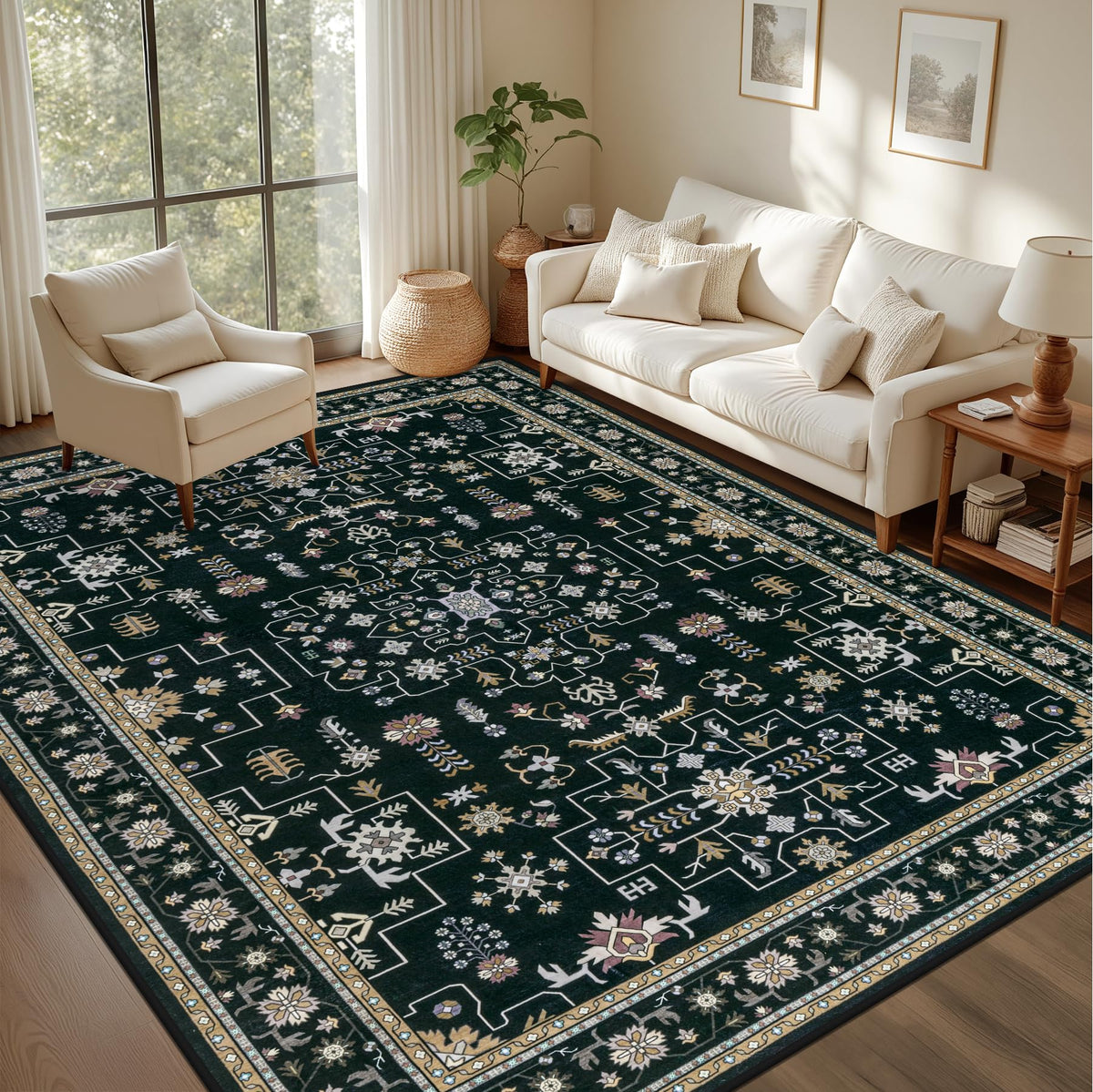 5x7 Area Rugs Living Room: Washable Vintage Rug for Bedroom Beige