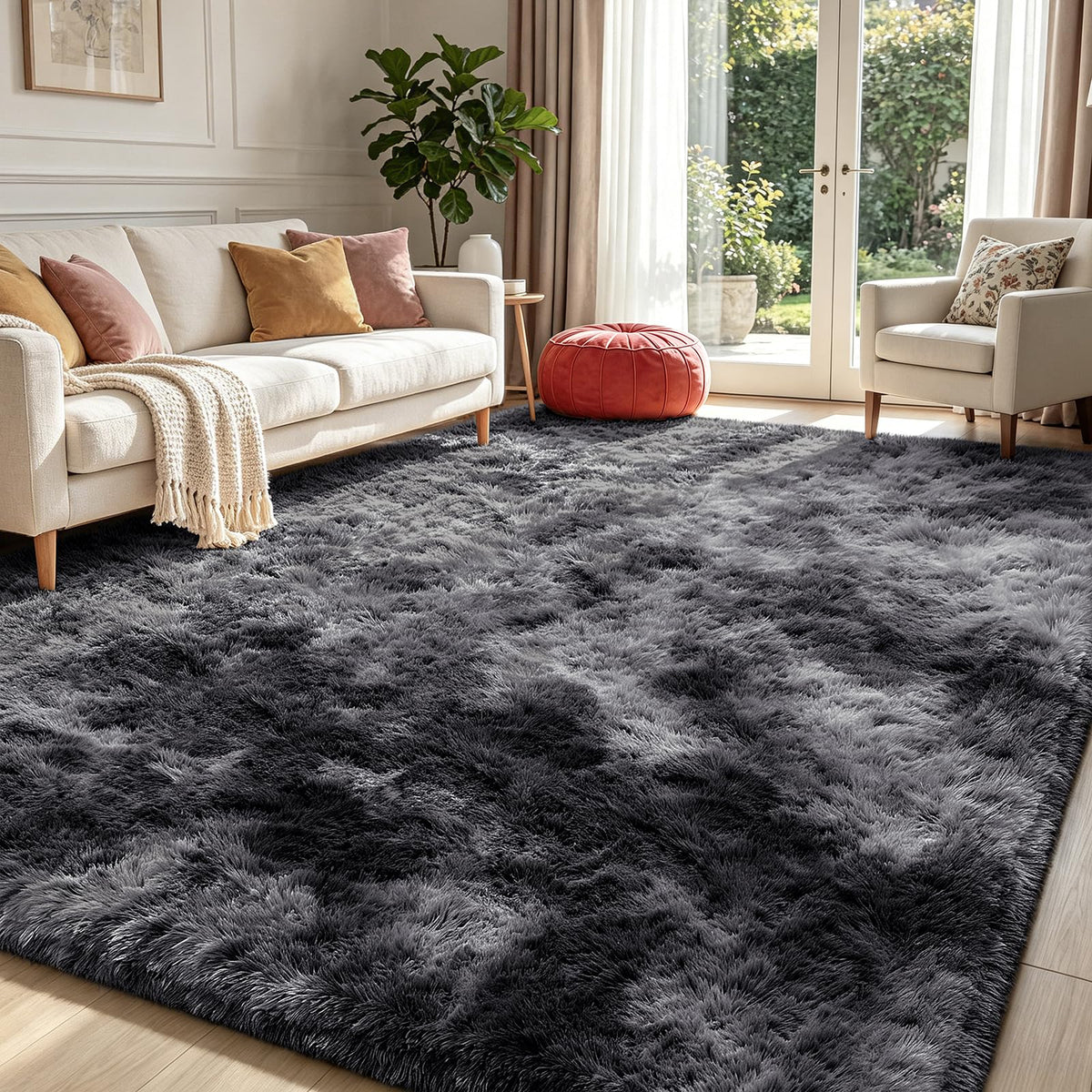 Beige 8x10 Area Rugs for Living Room, Fluffy Shag Rug Large Bedroom Carpet
