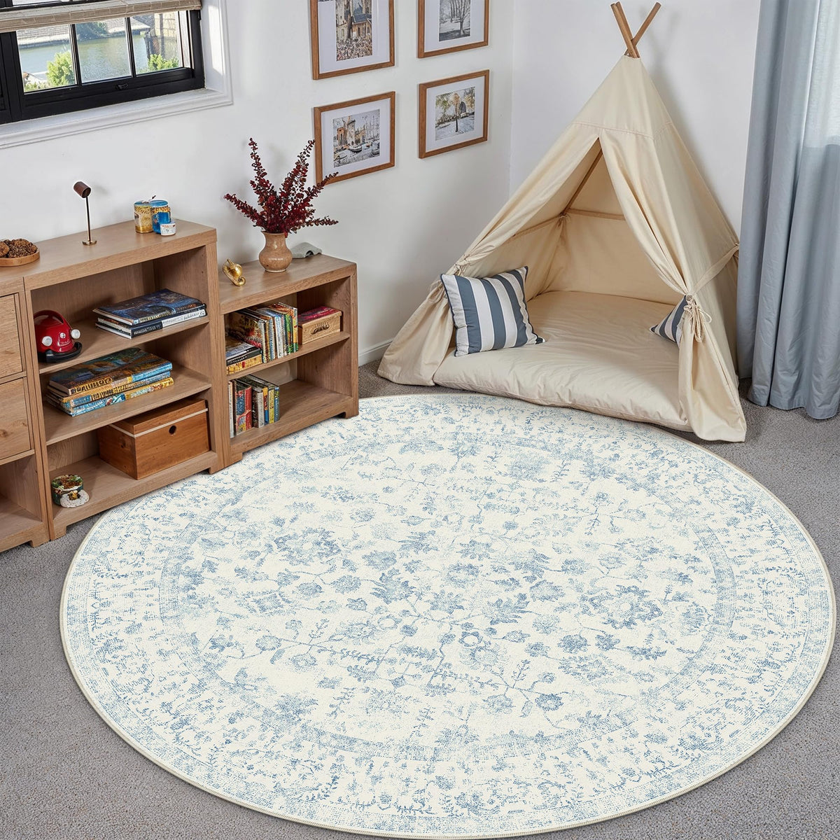 PureCozy 8x10 Blue Area Rug Washable Non Slip Large Vintage Living Room