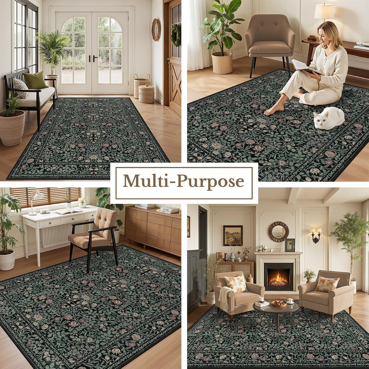 5x7 Area Rug Living Room: Soft Floral Washable Carpet Dark Green