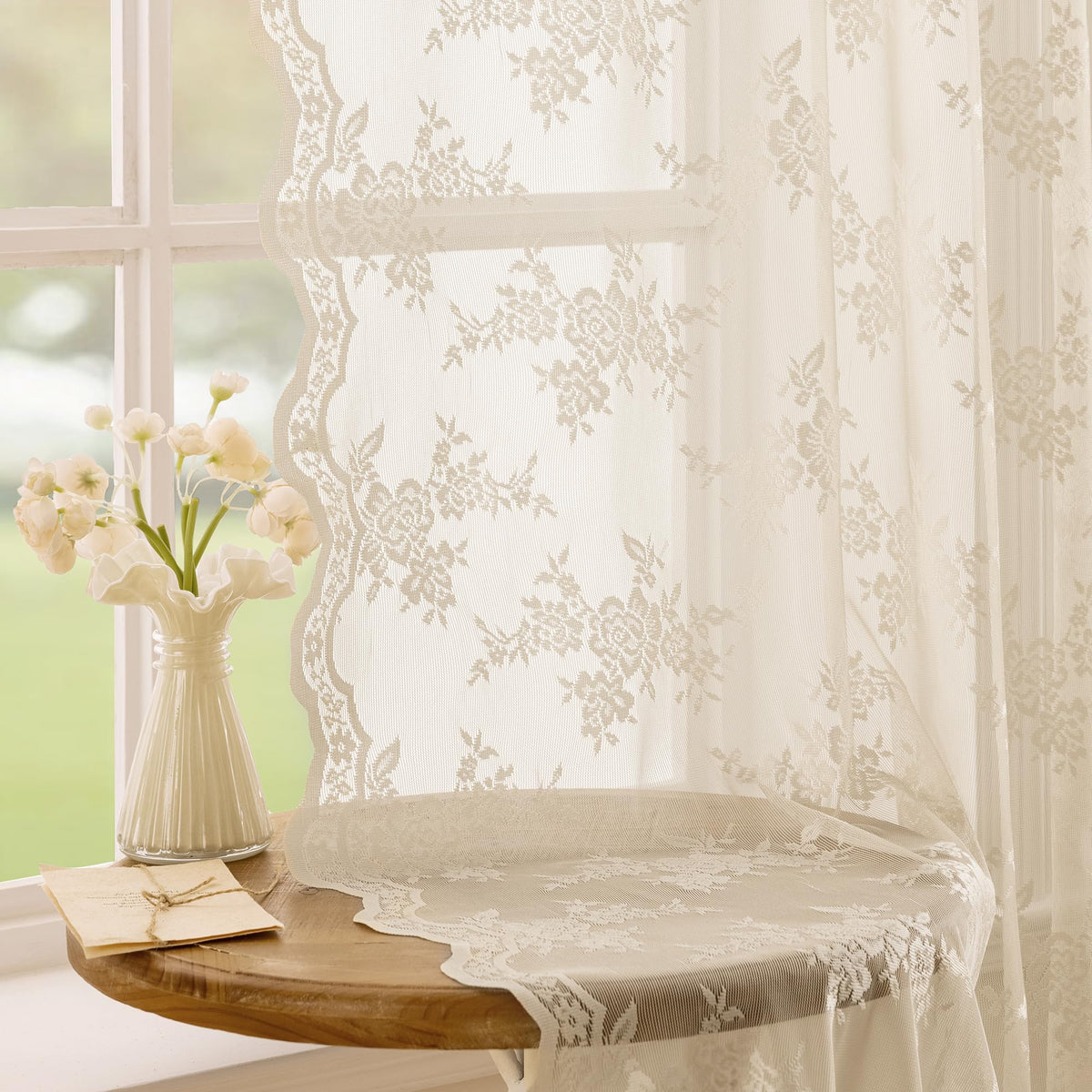 MEETSKY White Lace Curtains 84 Inches Long Floral Victorian Sheer Curtains