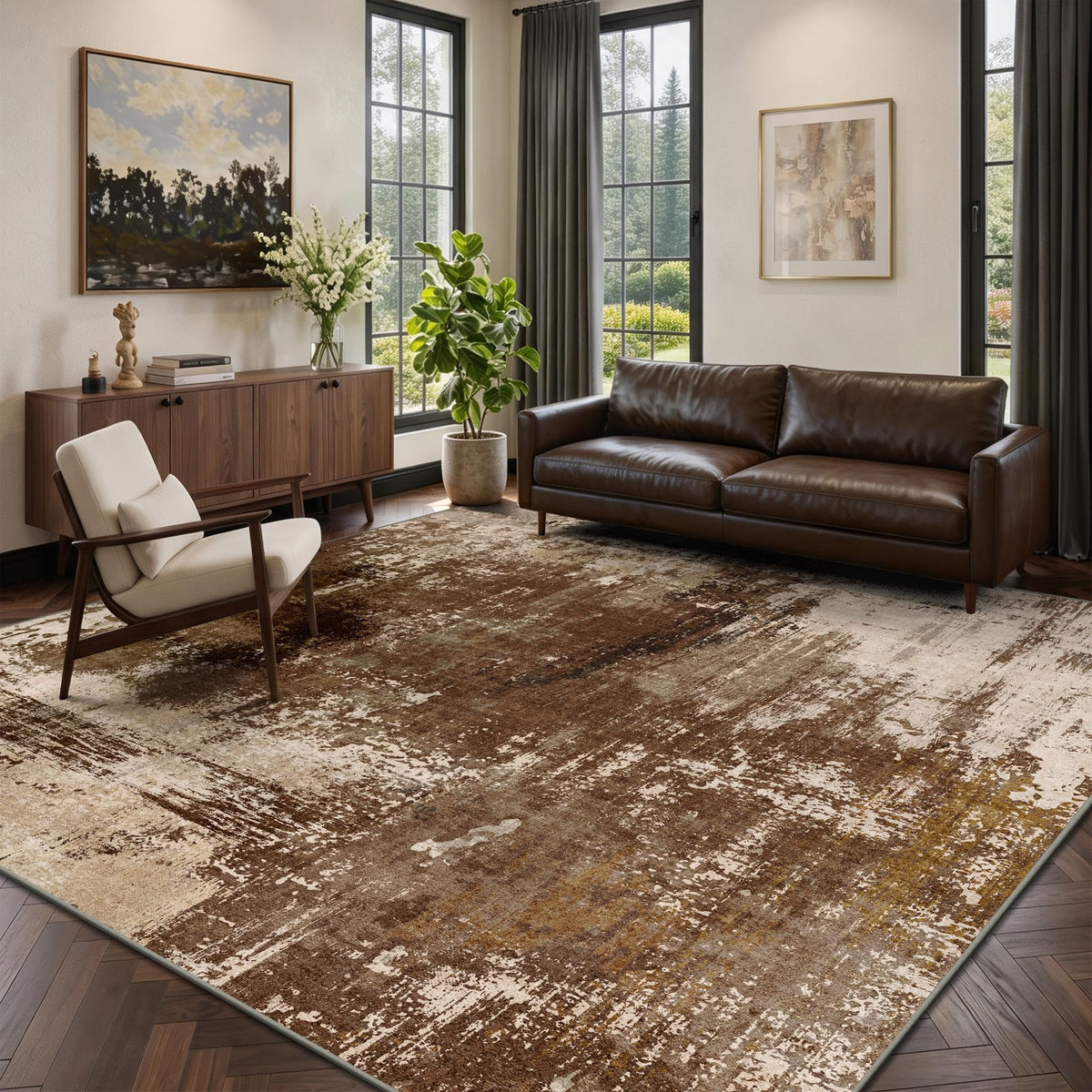 8x10 Rugs for Living Room - Modern Abstract Low Pile Washable Rug, Ultra Soft Non Slip Large Rugs, Floor Carpet for Bedroom Dining Room Office Laundry Nursery Home(Brown)