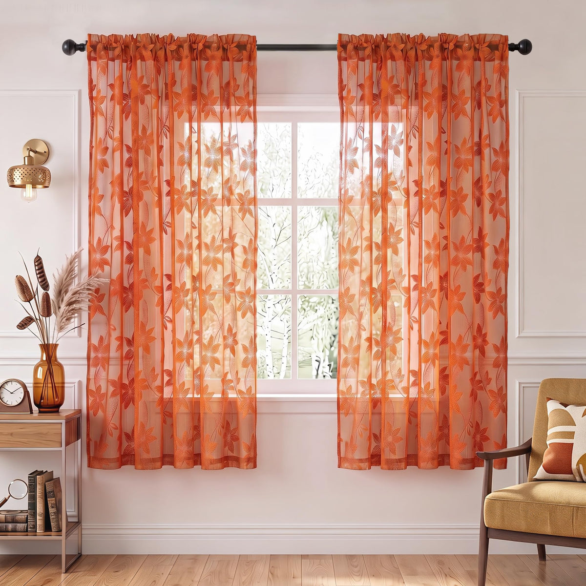 DWCN White Sheer Curtains - Short Curtains Floral Lace Design Rod Pocket Window Voile Sheer Drapes for Bedroom Kitchen Small Window 42 x 54 inch Length, 2 Panels White