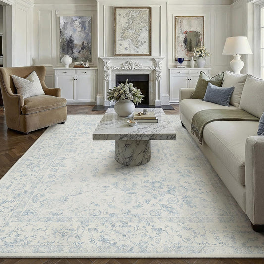 PureCozy 8x10 Blue Area Rug Washable Non Slip Large Vintage Living Room