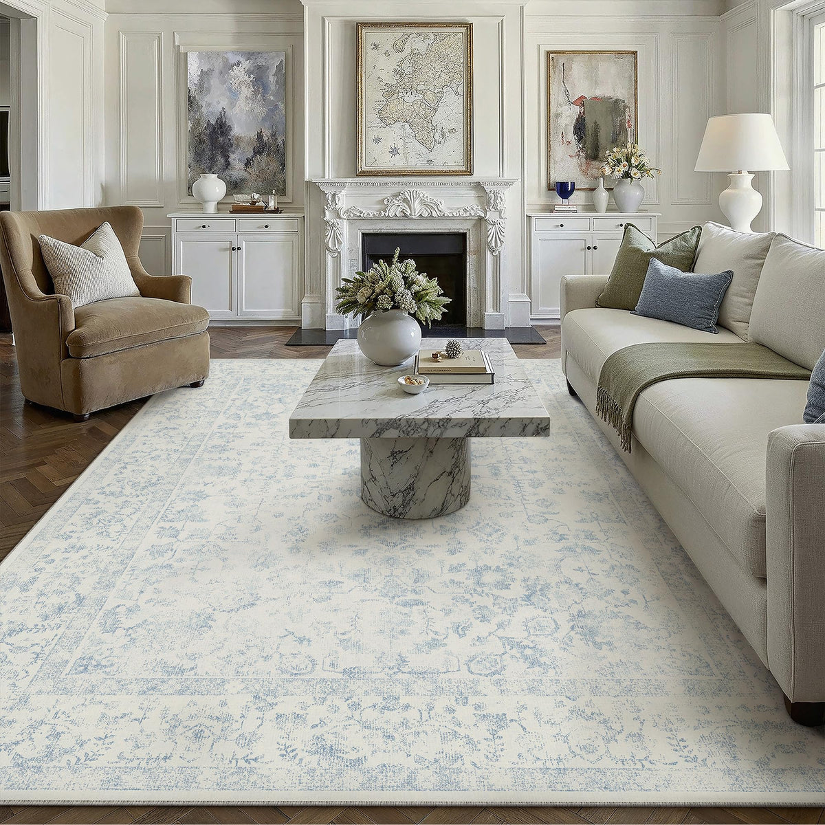 PureCozy 8x10 Blue Area Rug Washable Non Slip Large Vintage Living Room