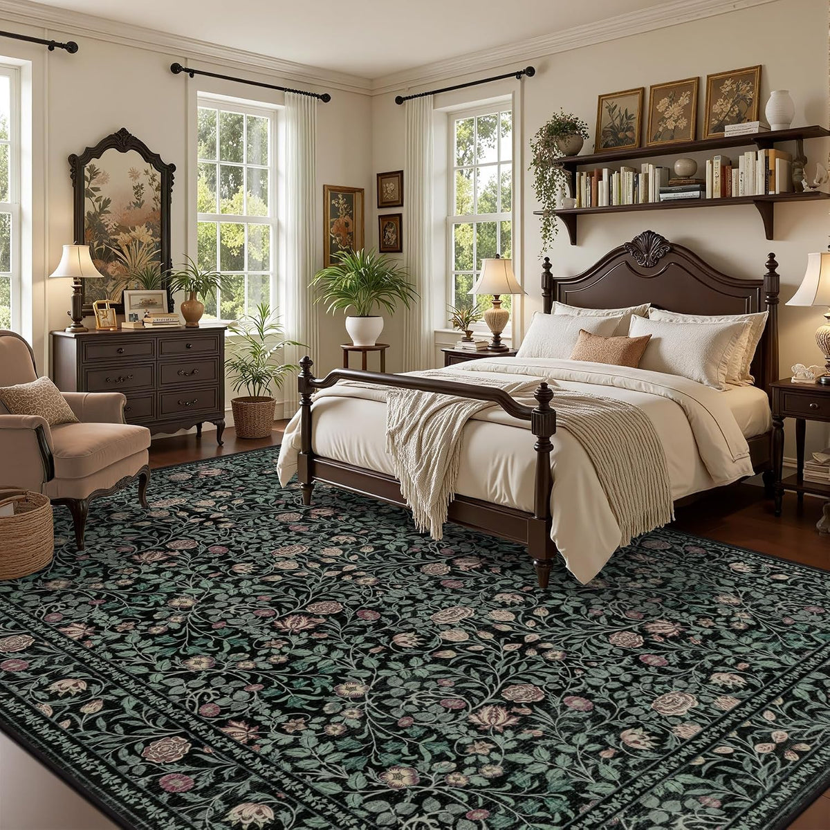 5x7 Area Rug Living Room: Soft Floral Washable Carpet Dark Green