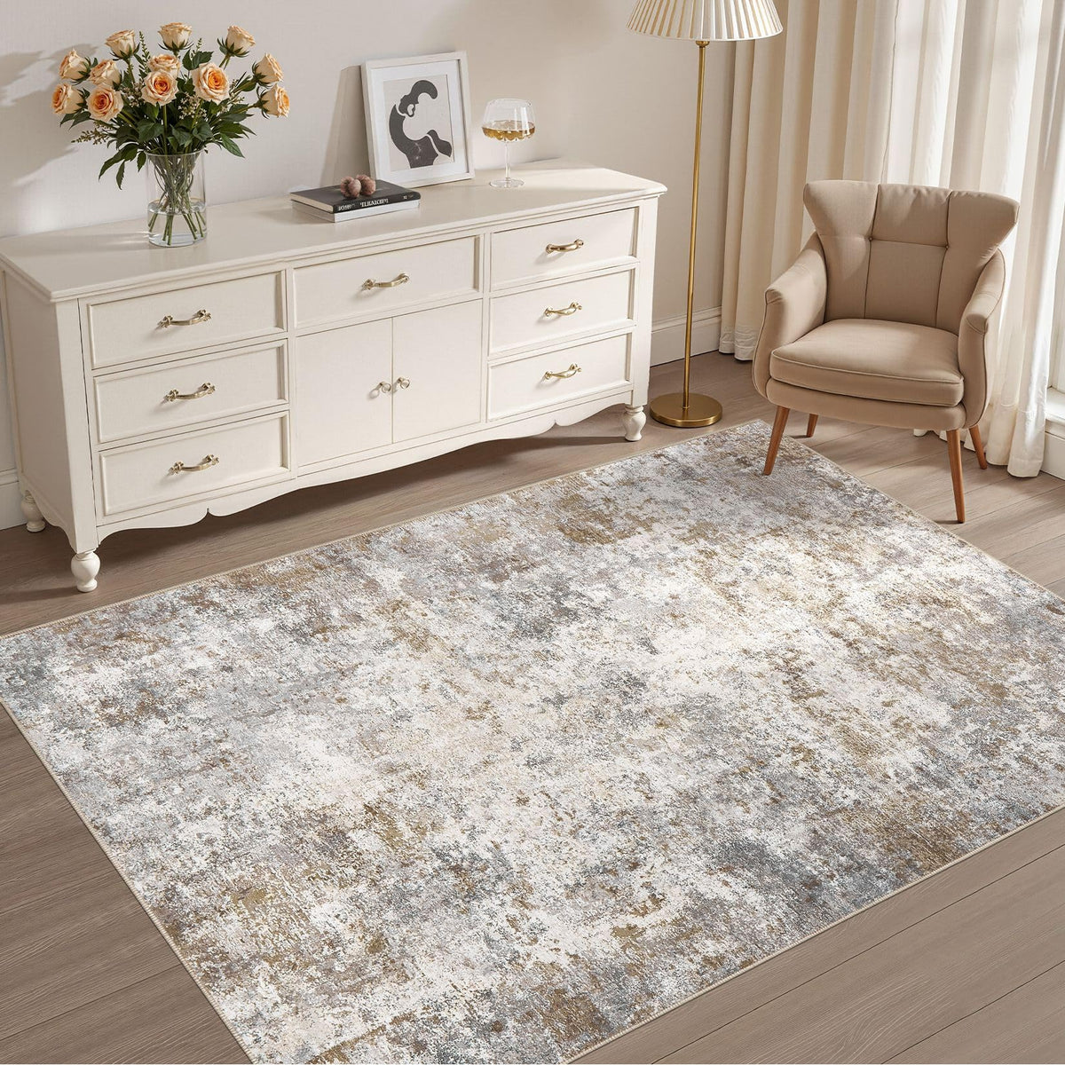 UERMEI 8x10 Area Rug Living Room Rugs - Washable Neutral Modern Abstract Soft Thin Large Rug Indoor Floor No Slip Rug Carpet for Bedroom Under Dining Table Home Office Decor - Brown Grey
