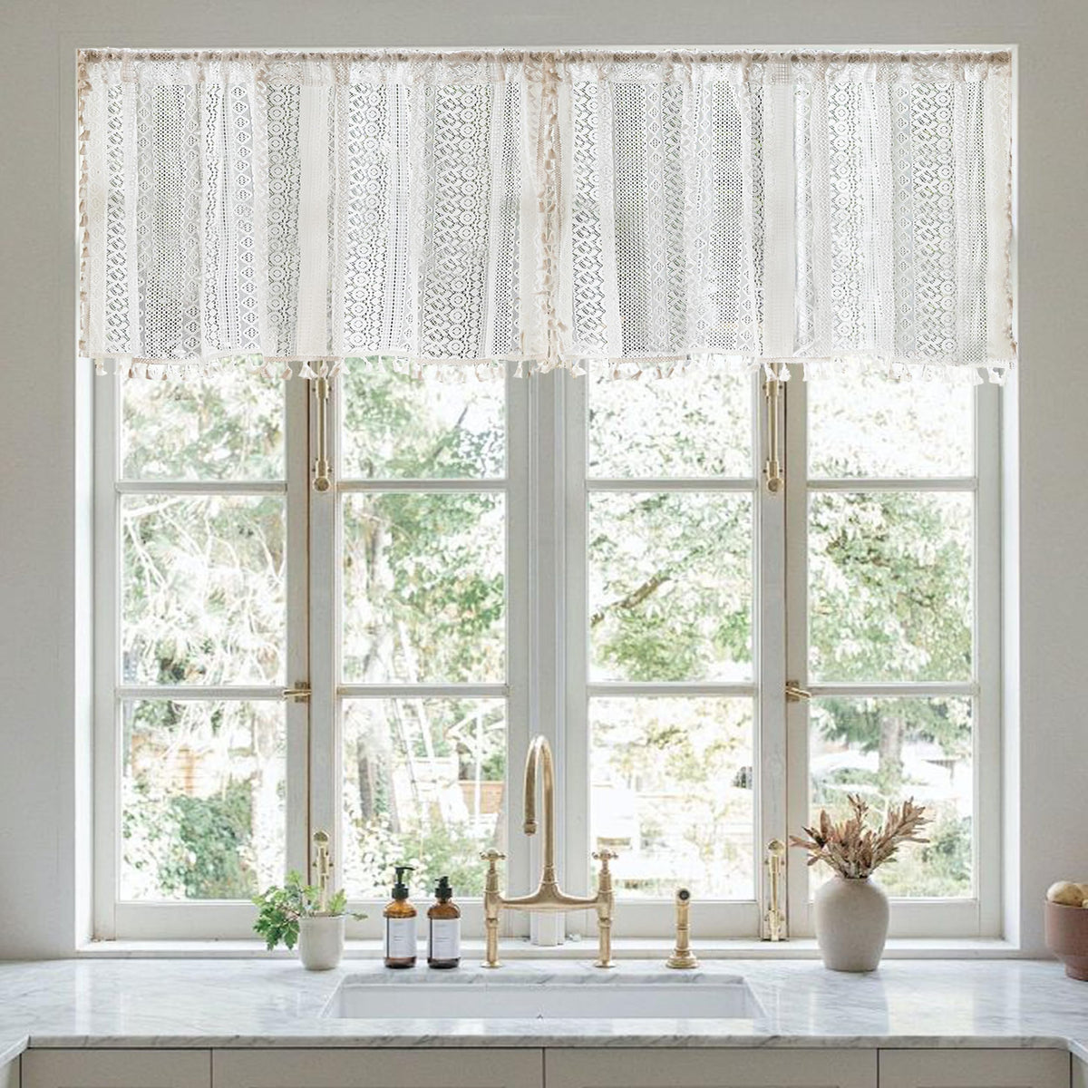 Sutuo Home Terracotta Boho Lace Curtains 2 Panels 84 Inches Long for Living Room&Bedroom, Burnt Orange Crochet Privacy Farmhouse Vintage Tassels Retro Halloween Window Sheer Curtains Rod Pocket,50" W