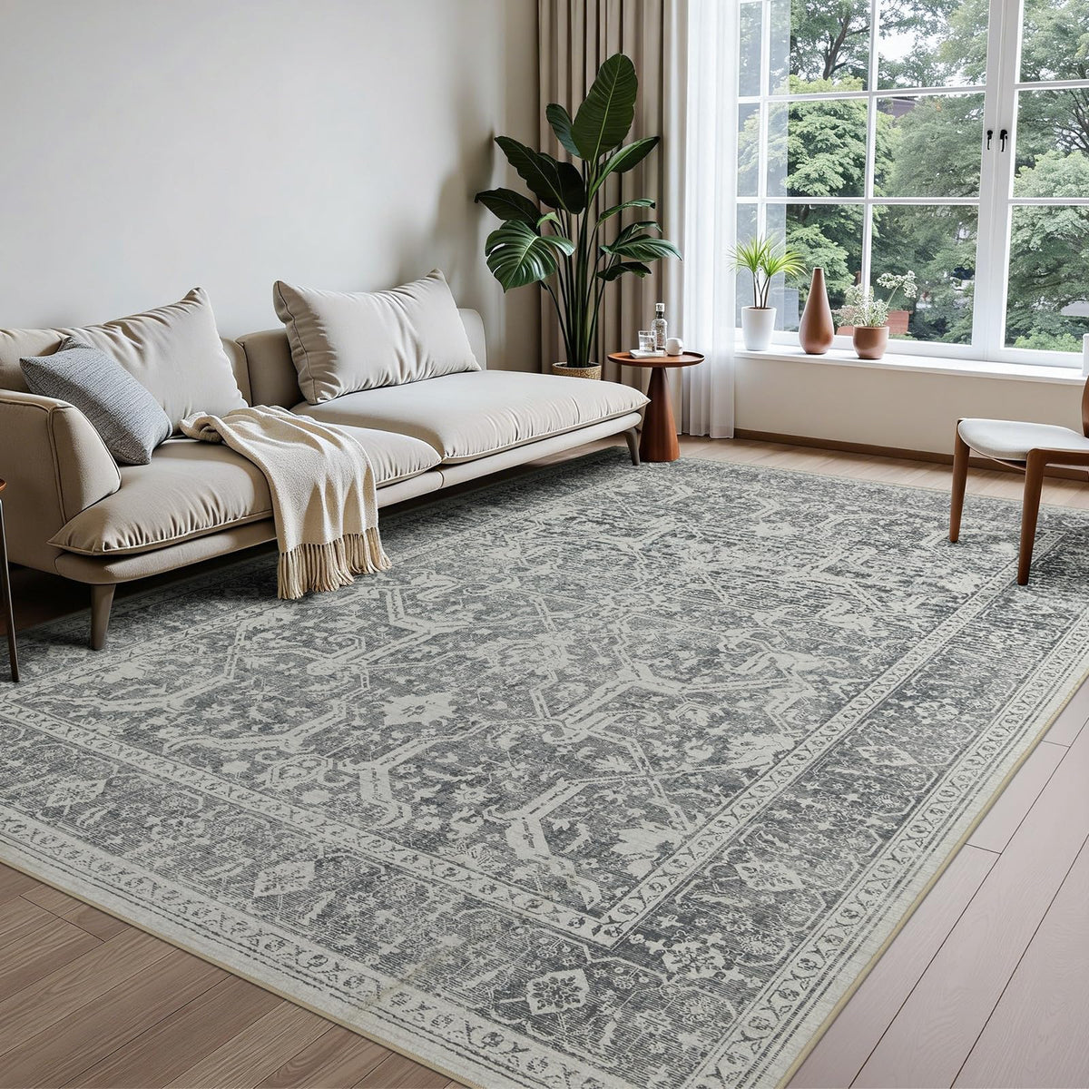 Joydeco Boho Washable Abstract Beige 5x7 Area Rugs for Living Room Bedroom