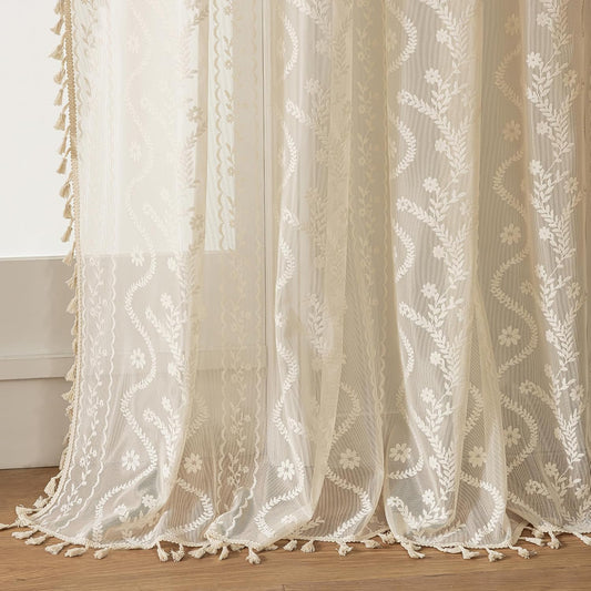 WAZZIO Boho Lace Curtains 2 Panels 84 Inches -Cute Vintage Victorian Sheer Panel Drape French Country Floral Pattern & Tassel Light Filtering Privacy for Bedroom Dining Living Room,Cream,W52x L84