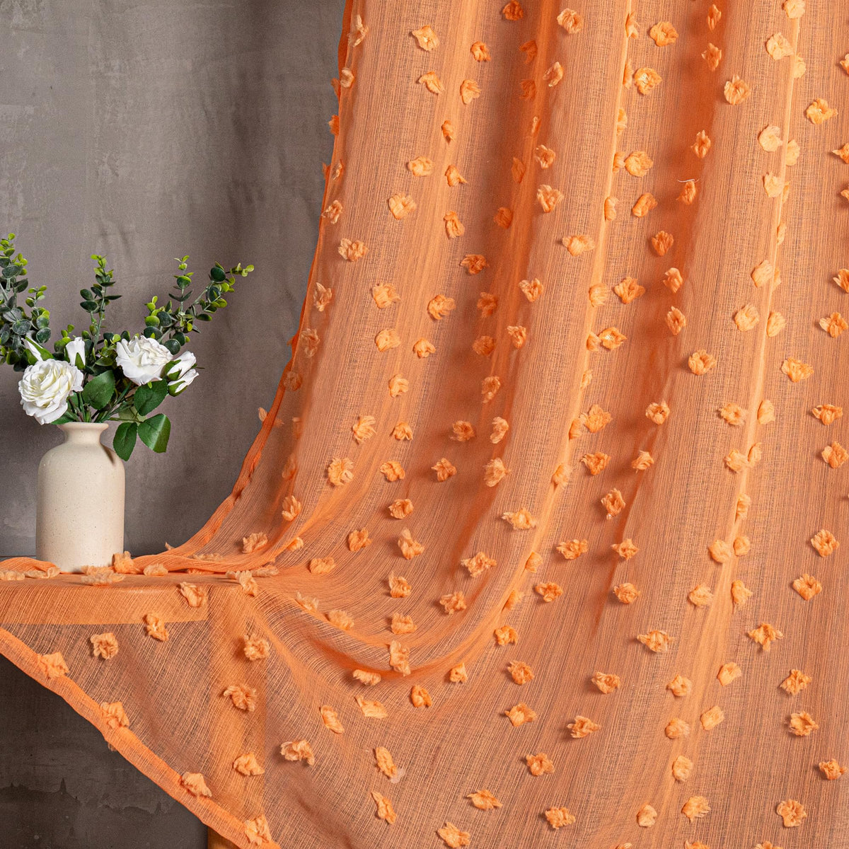MYSKY HOME Beige Boho Sheer Curtains with Cream Pom Pom 50Wx84L,2 Panels