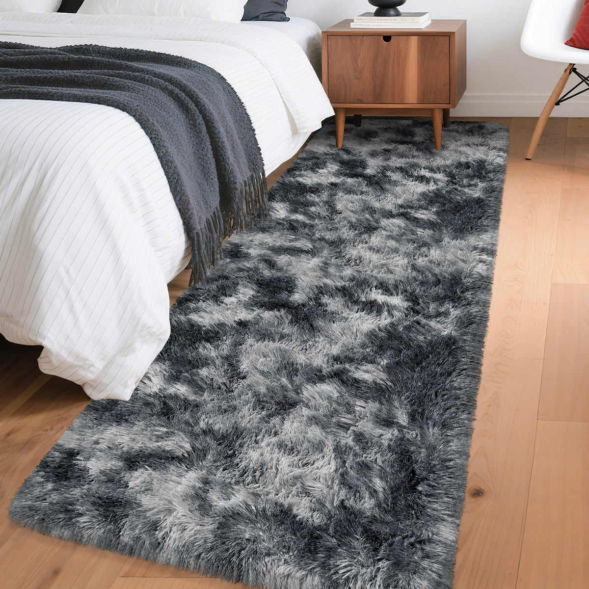 Tie-Dyed Runner Rug for Bedroom Black Grey 2x6ft Fluffy Area Rug Bedside Runner Rug for Kids Room Boys Teens Nursery Baby Living Room Dorm Home Decor Carpets