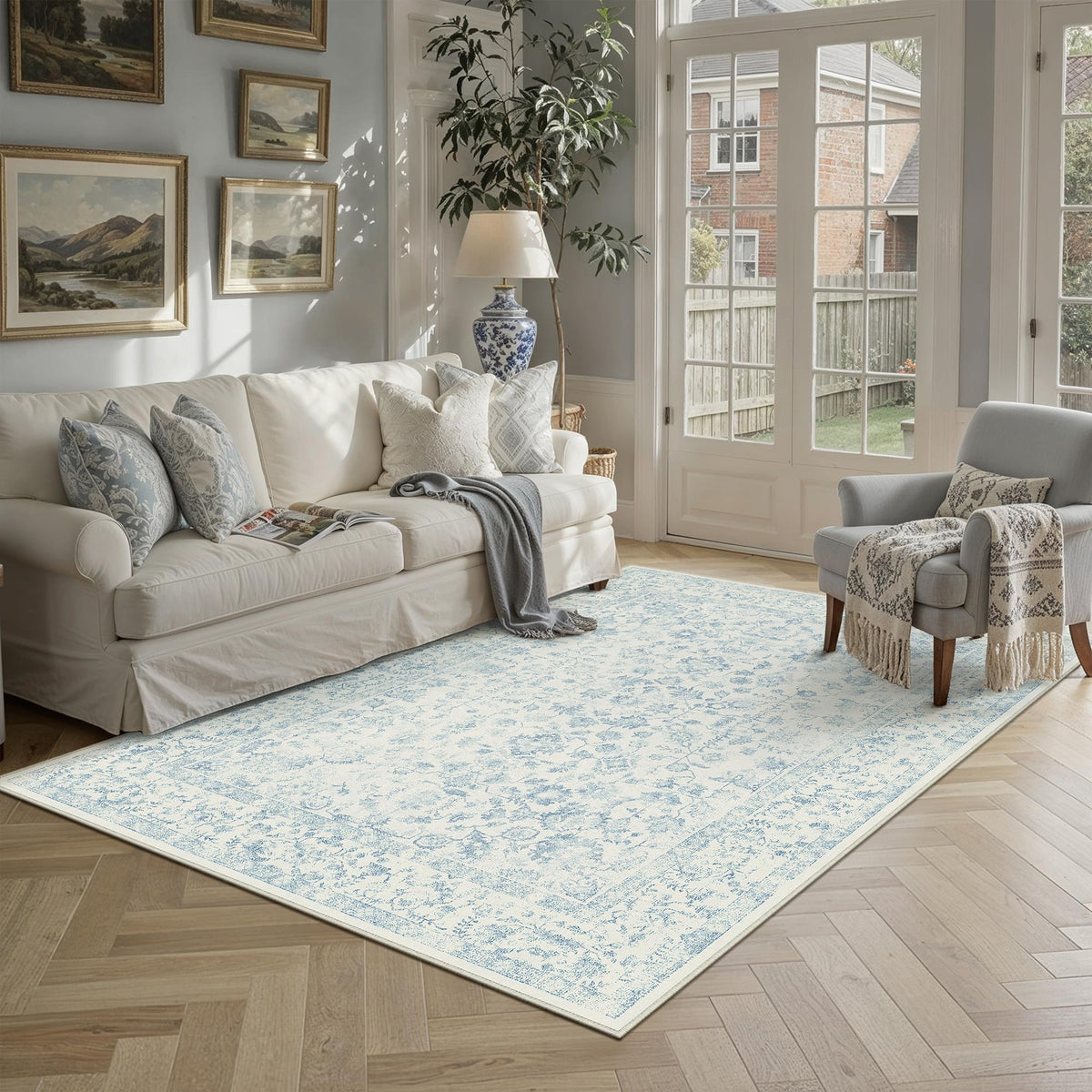 PureCozy 8x10 Blue Area Rug Washable Non Slip Large Vintage Living Room