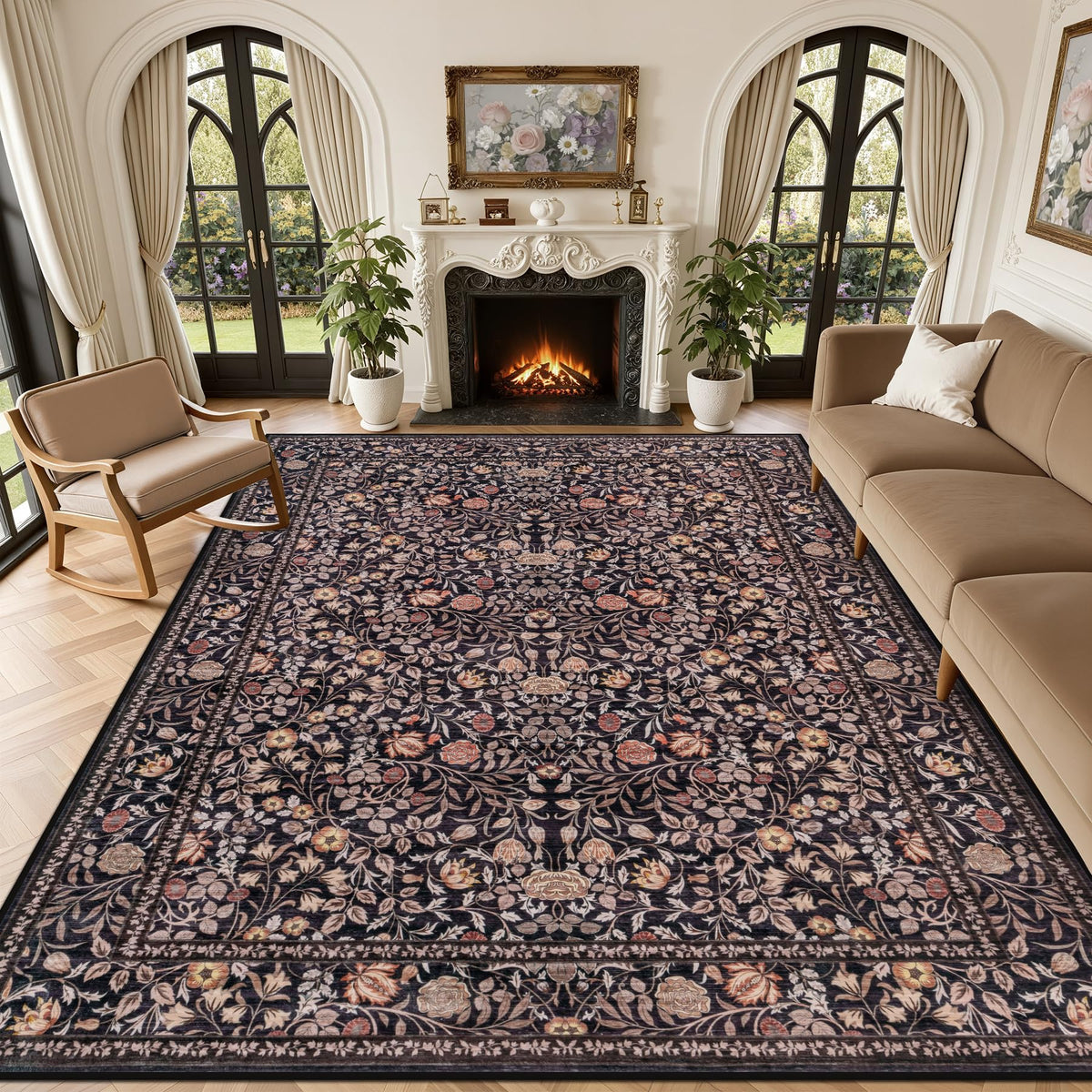 5x7 Area Rug Living Room: Soft Floral Washable Carpet Dark Green