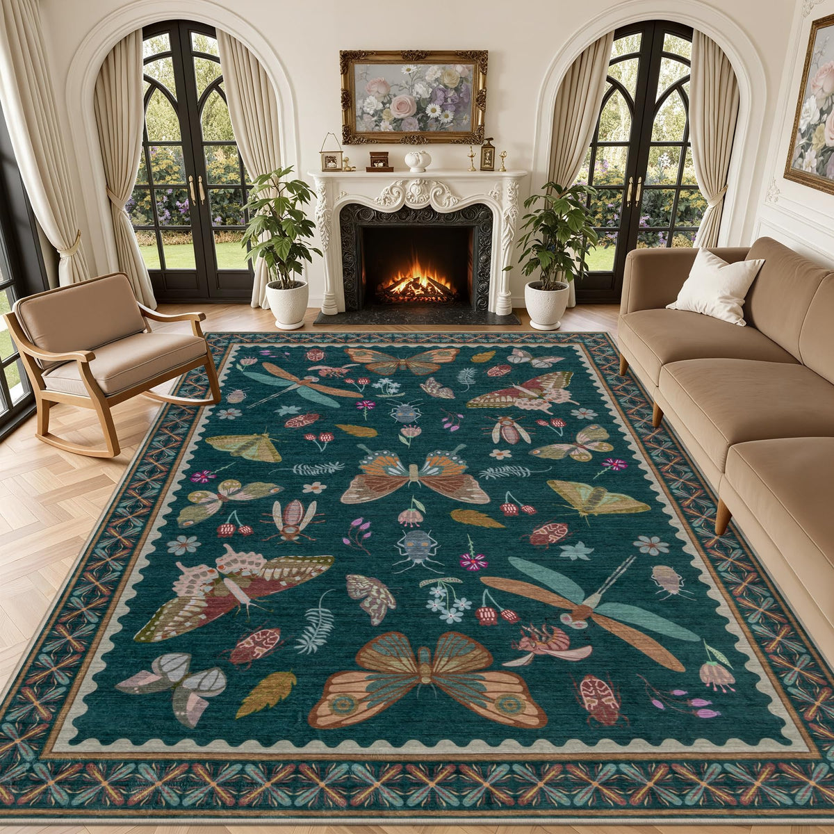 5x7 Area Rug Living Room: Soft Floral Washable Carpet Dark Green