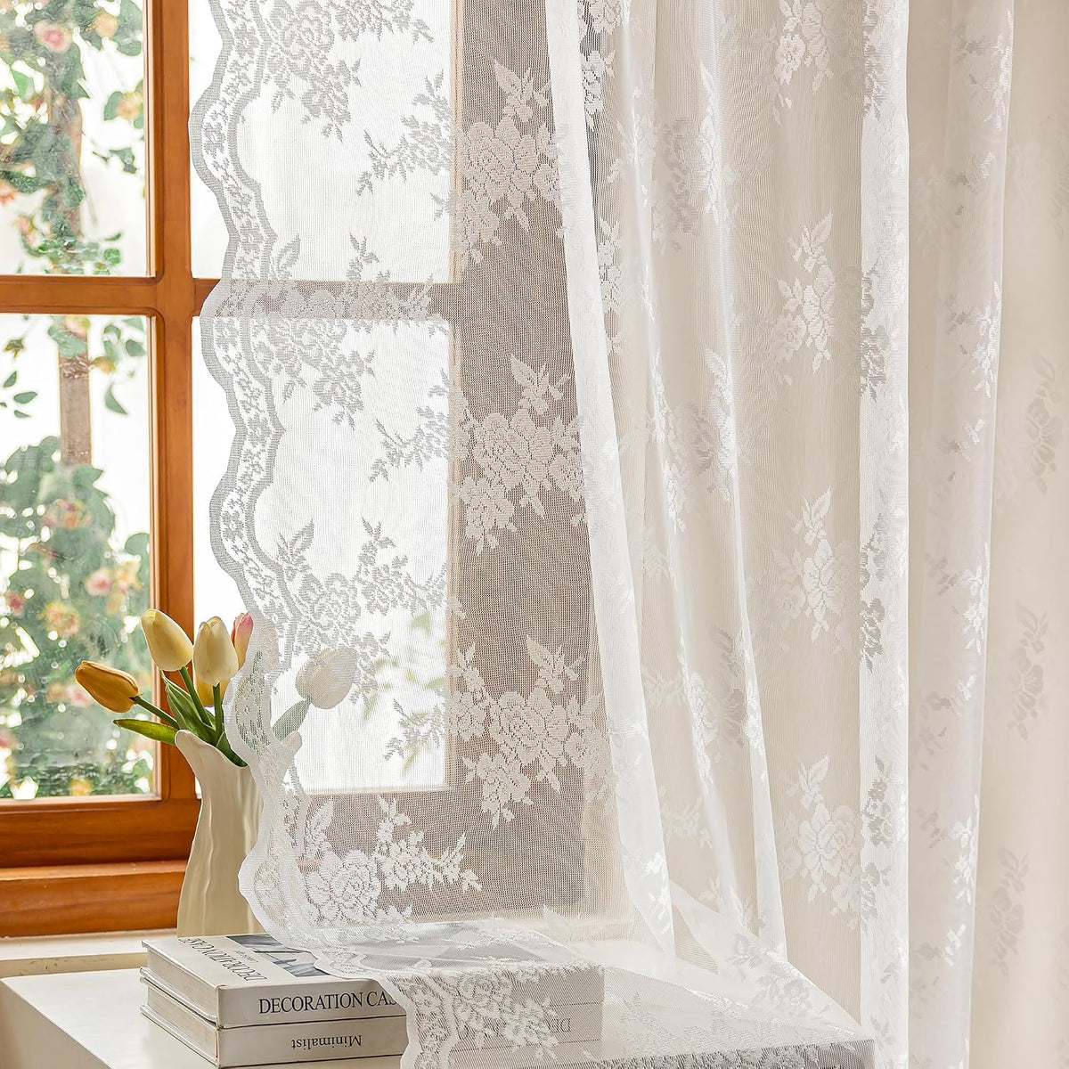 MEETSKY White Lace Curtains 84 Inches Long Floral Victorian Sheer Curtains