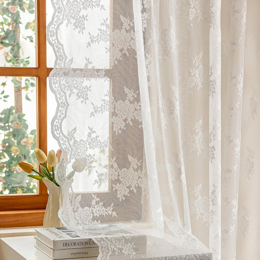 MEETSKY White Lace Curtains 84 Inches Long Floral Victorian Sheer Curtains