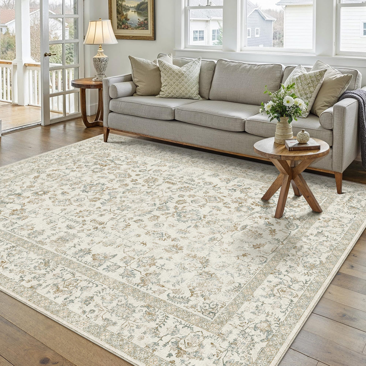 PureCozy 8x10 Blue Area Rug Washable Non Slip Large Vintage Living Room