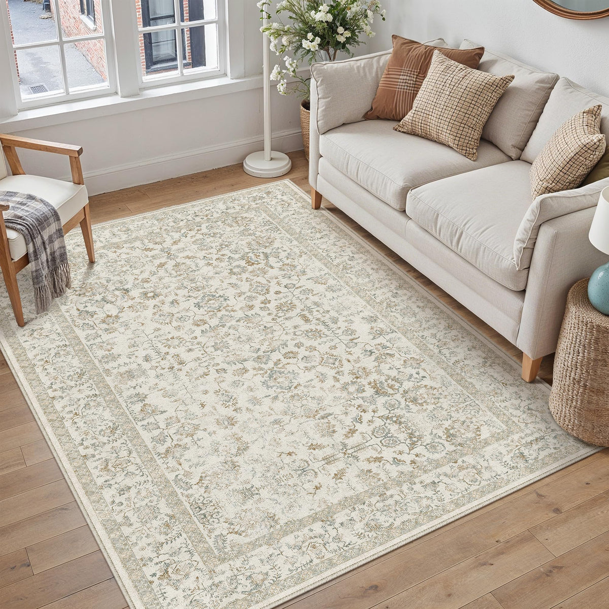PureCozy 8x10 Blue Area Rug Washable Non Slip Large Vintage Living Room