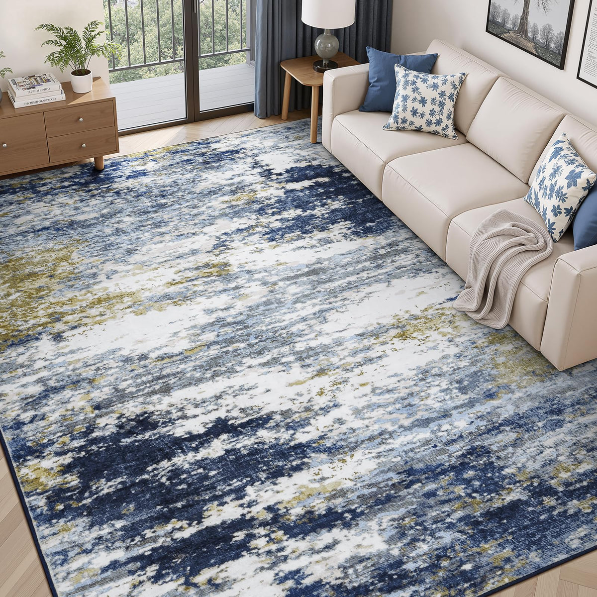 8x10 Area Rug for Living Room, Abstract Washable Non-Slip Large Rugs, Gold