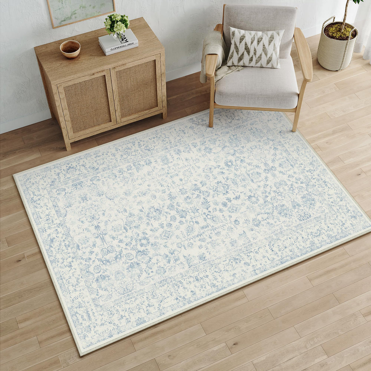 PureCozy 8x10 Blue Area Rug Washable Non Slip Large Vintage Living Room