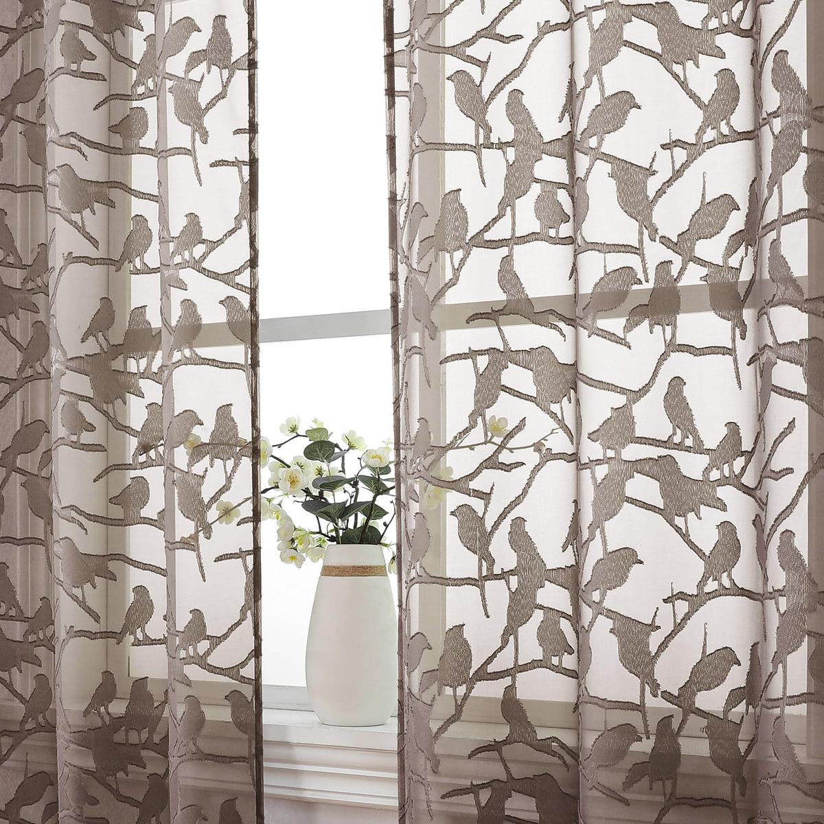 OVZME Sage Green Sheer Curtains 63 Inch Length 2 Panel Set, Light Filtering Bedroom Curtains with Dual Rod Pocket Top, Leaf Bird Clip Jacquard Sheer Farmhouse Window Drapes for Living Room, 2x38Wx63L