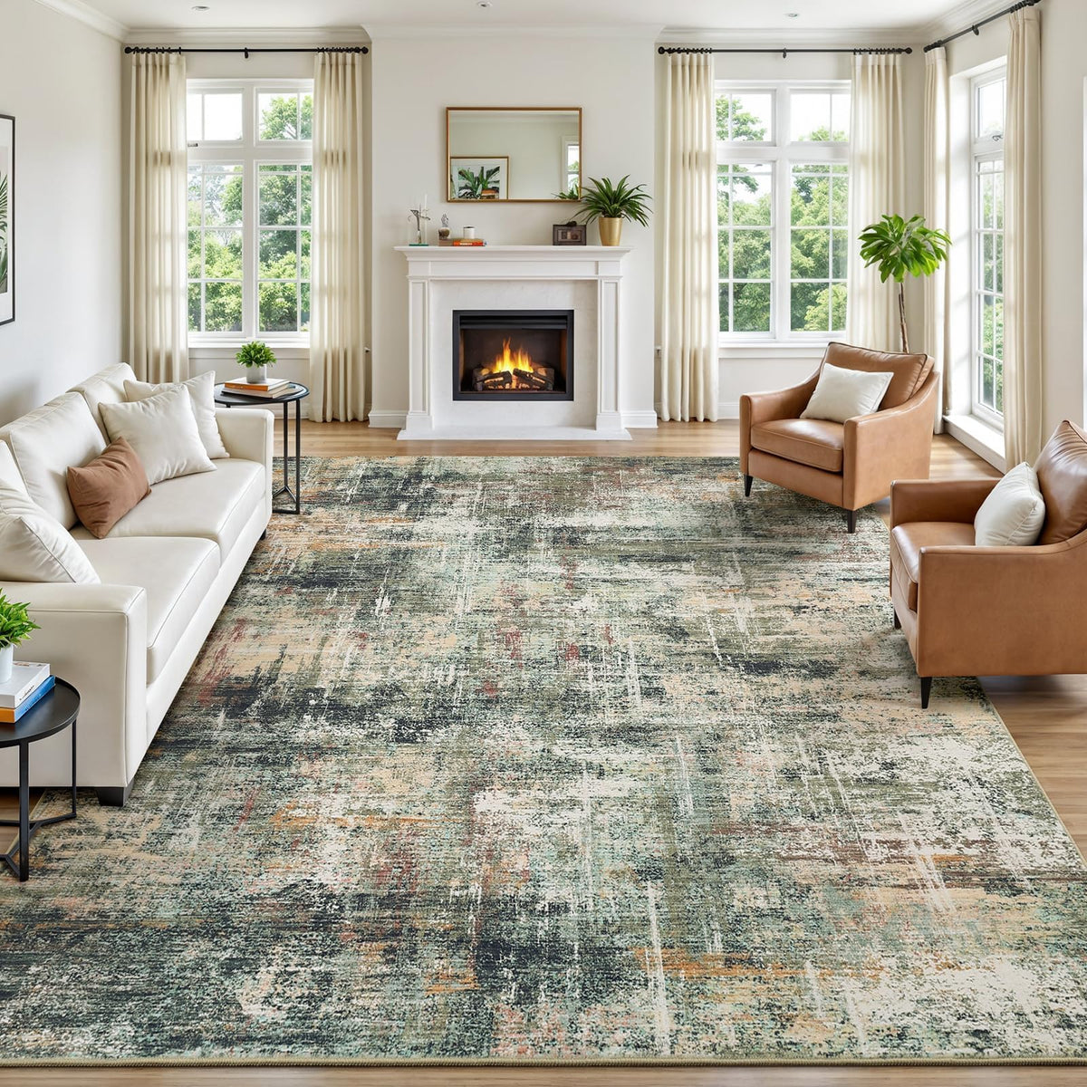 8x10 Area Rug for Living Room, Abstract Washable Non-Slip Large Rugs, Gold